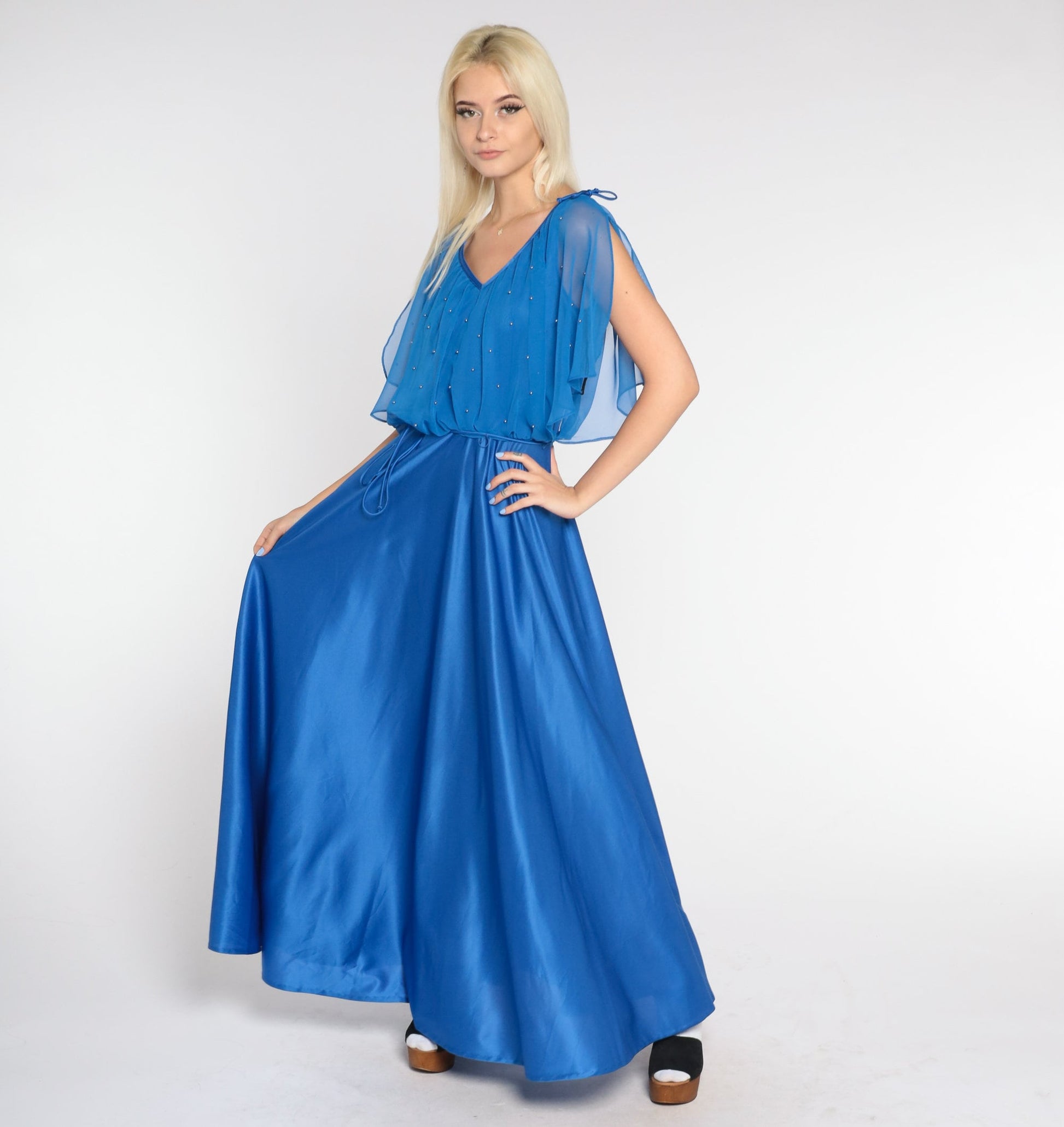 70s Royal Blue Grecian Maxi Dress V-Neck Beaded Capelet High Waist Small