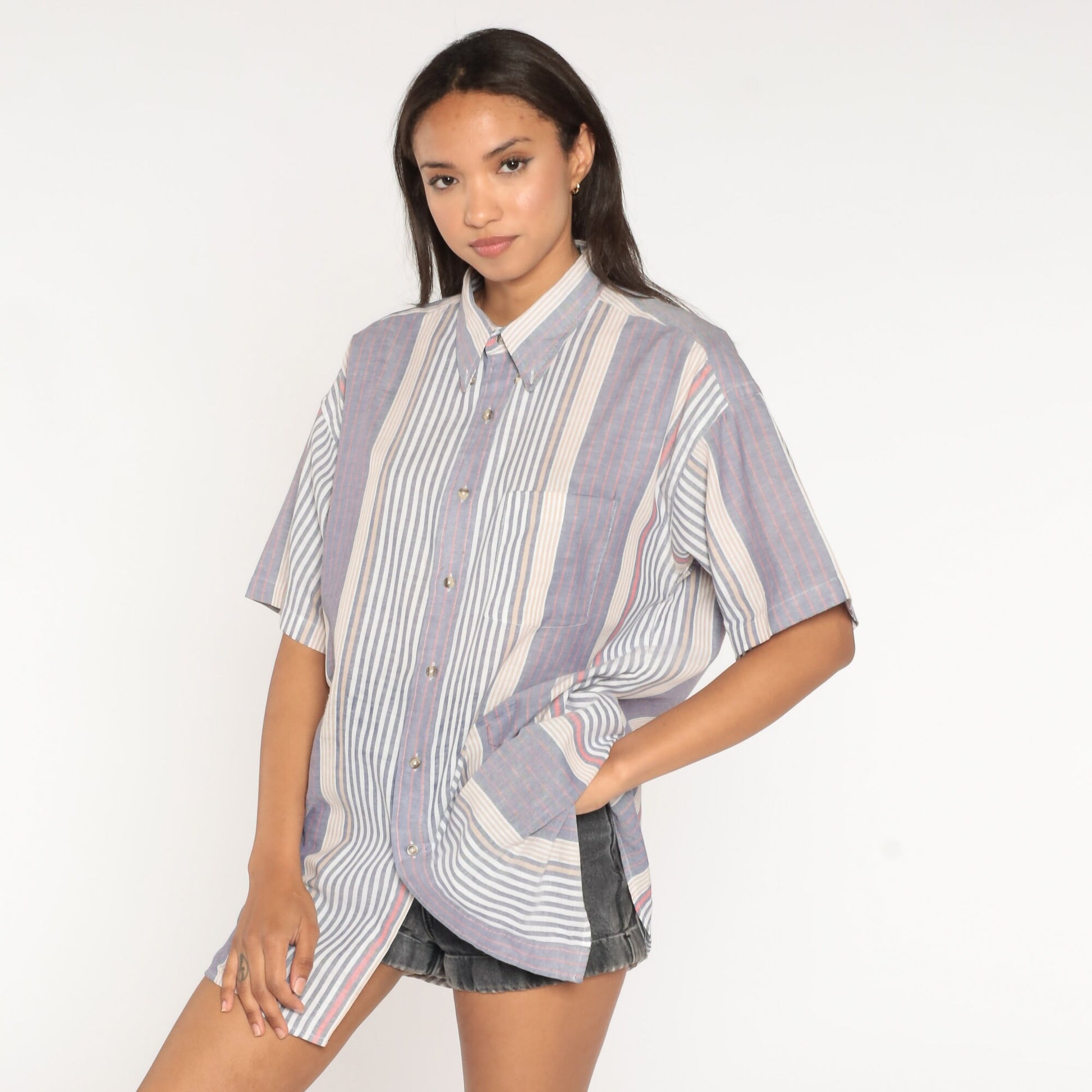 90s Blue White Striped Cotton Button-Up Shirt Chest Pocket Men's Large