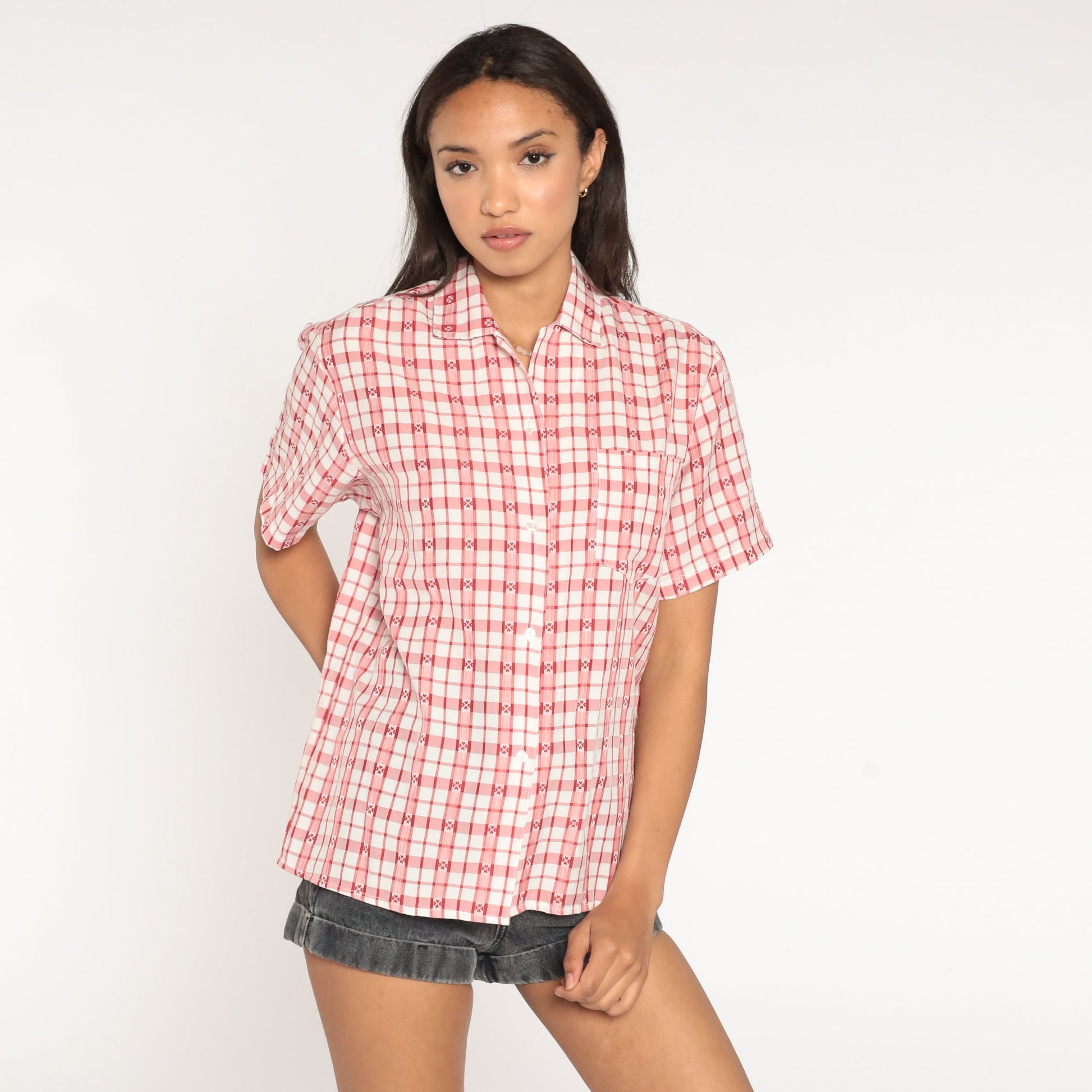 80s Plaid Heart Print Button-Up Shirt Red White Medium Large