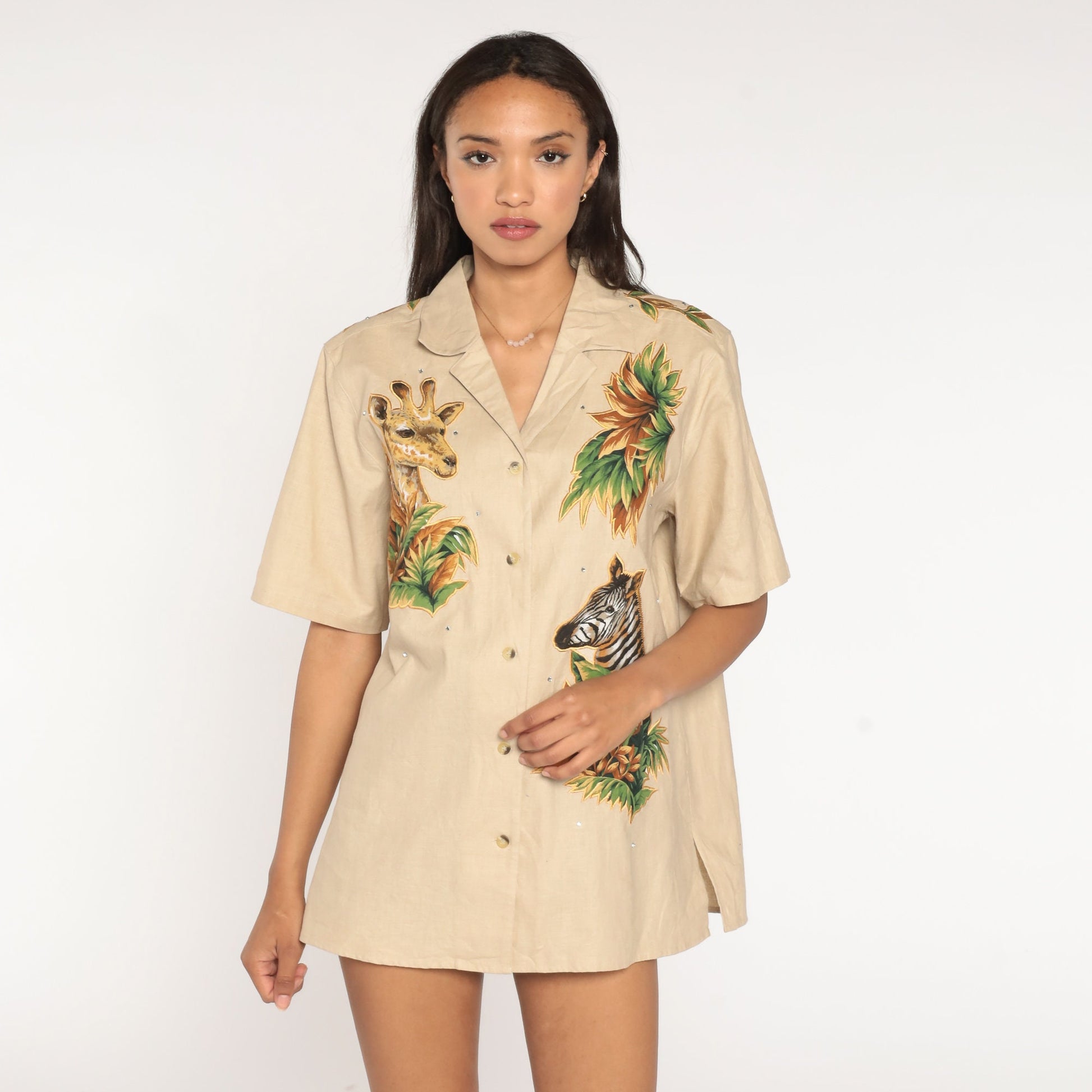 00s Cracker Factory Safari Animal Button Up Shirt Zebra Giraffe Tan Large L