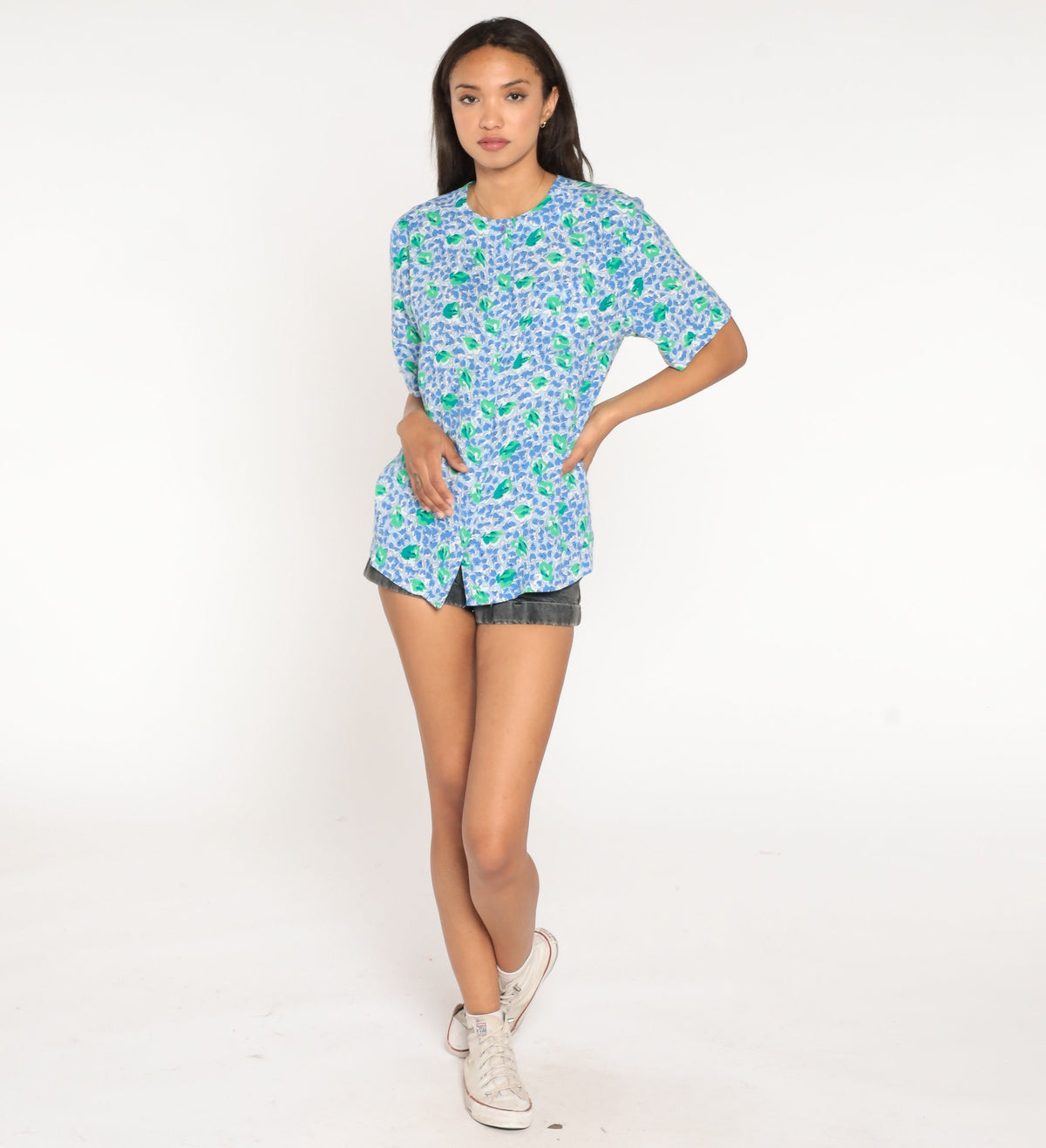 80s Blue Green Floral Button-Up Blouse Short Sleeve Hidden Placket Medium Large