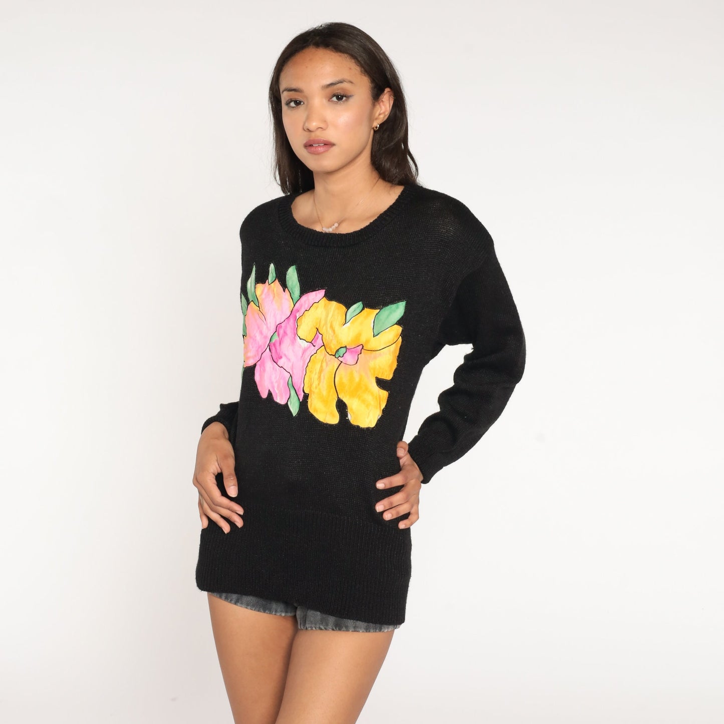 80s Black Floral Knit Sweater Pullover Tropical Graphic Medium
