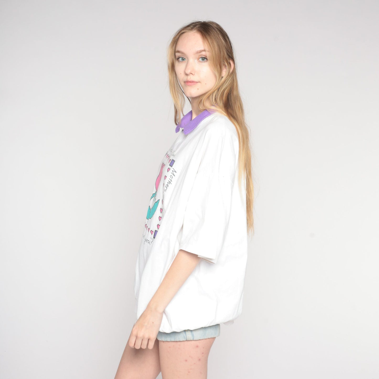 90s Mom Graphic T-Shirt Collared White Purple Rose Heart Tee Plus Size XXL