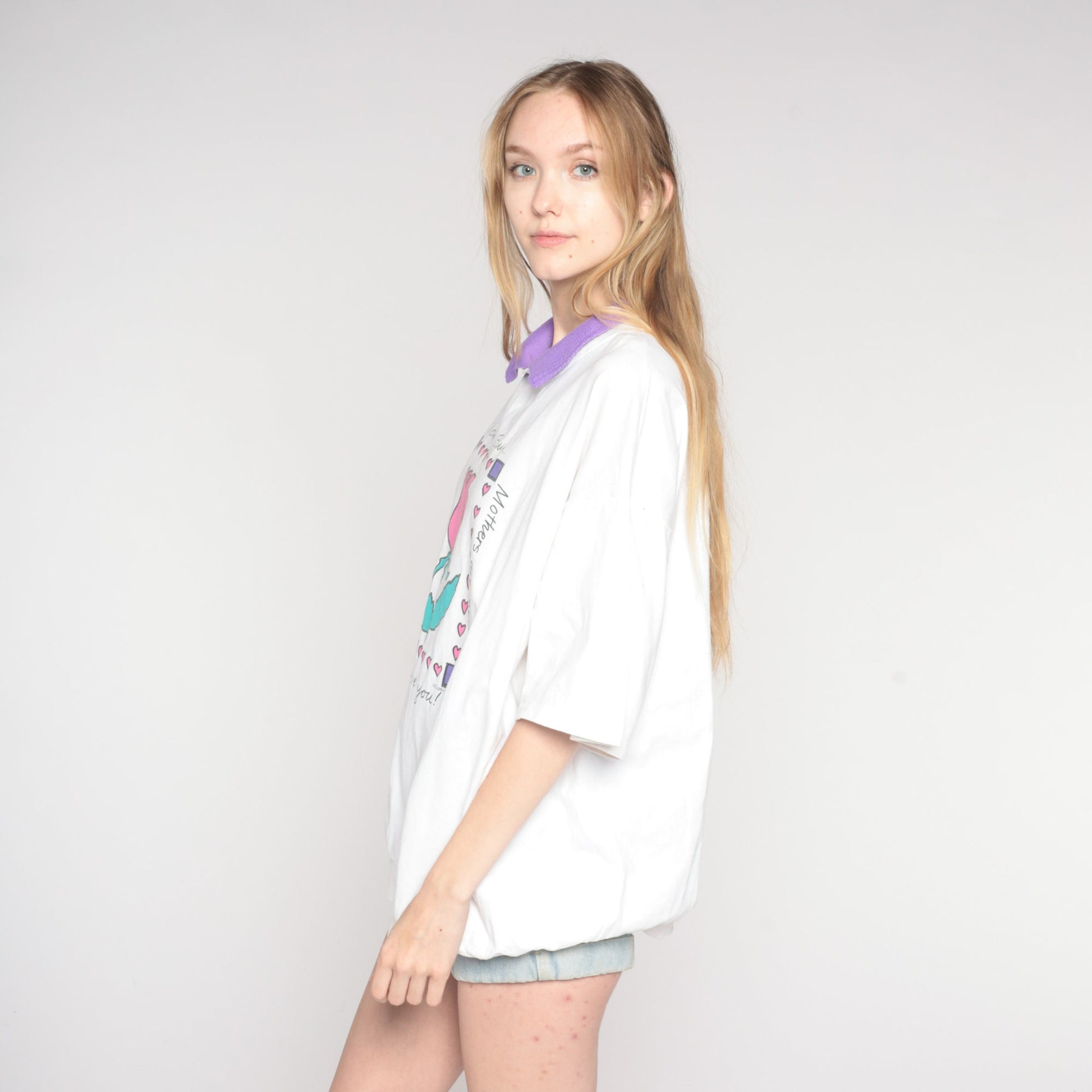 90s Mom Graphic T-Shirt Collared White Purple Rose Heart Tee Plus Size XXL
