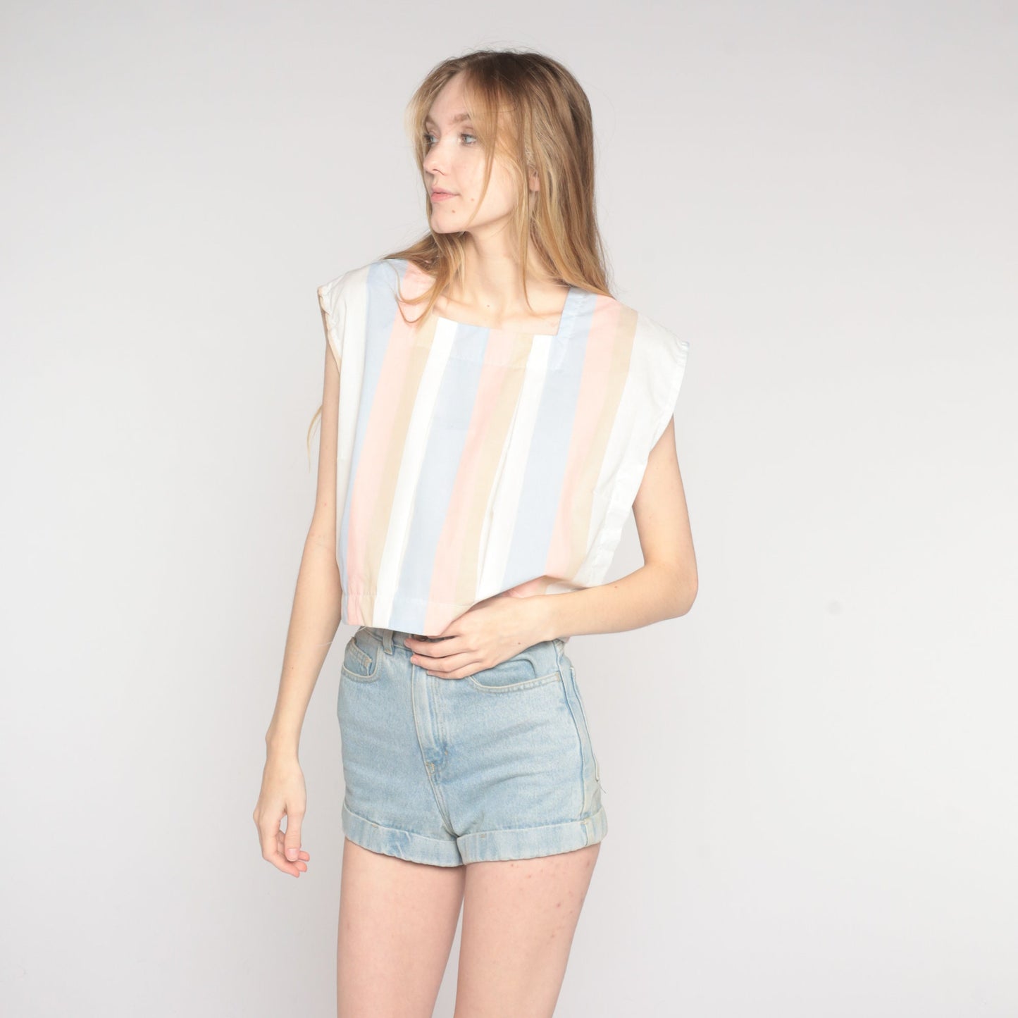 80s Striped Cap Sleeve Tank Top Pastel Blue Pink White Large L