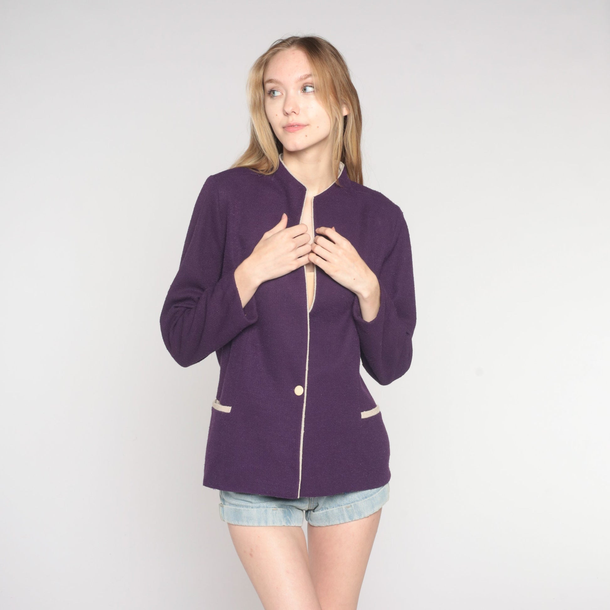 70s Purple Woven Blazer Button Up Jacket Tailored Large L