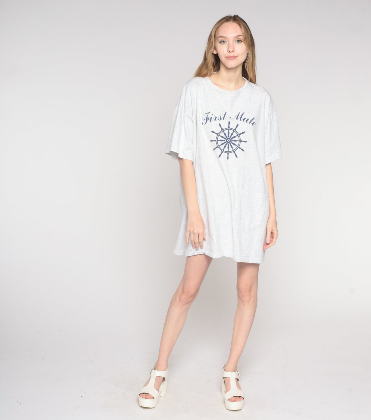 90s First Mate Nautical Graphic T-Shirt Dress Light Grey Cotton One Size