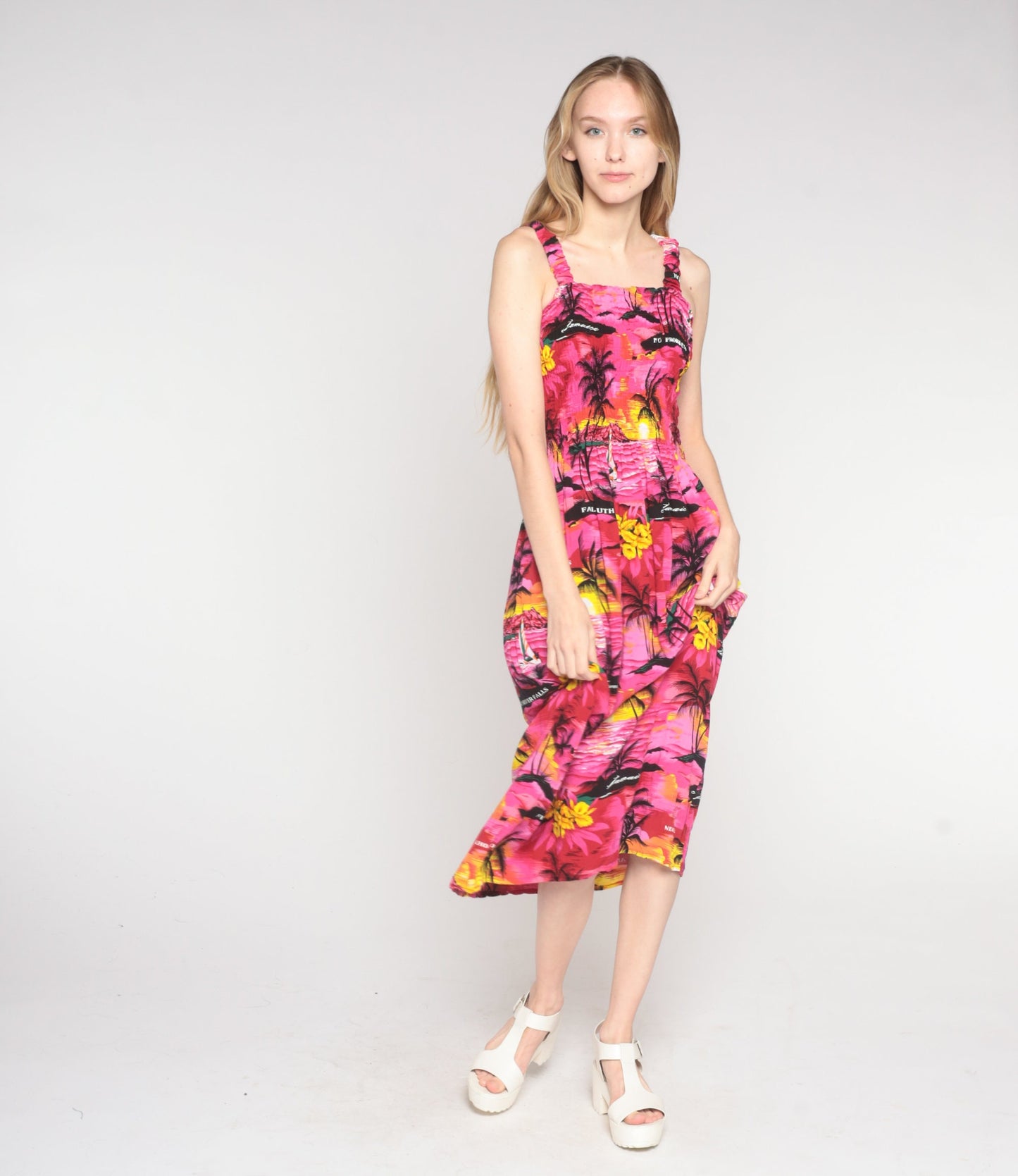 Y2K Pink Hawaiian Sunset Midi Dress Smocked Sleeveless Small Medium