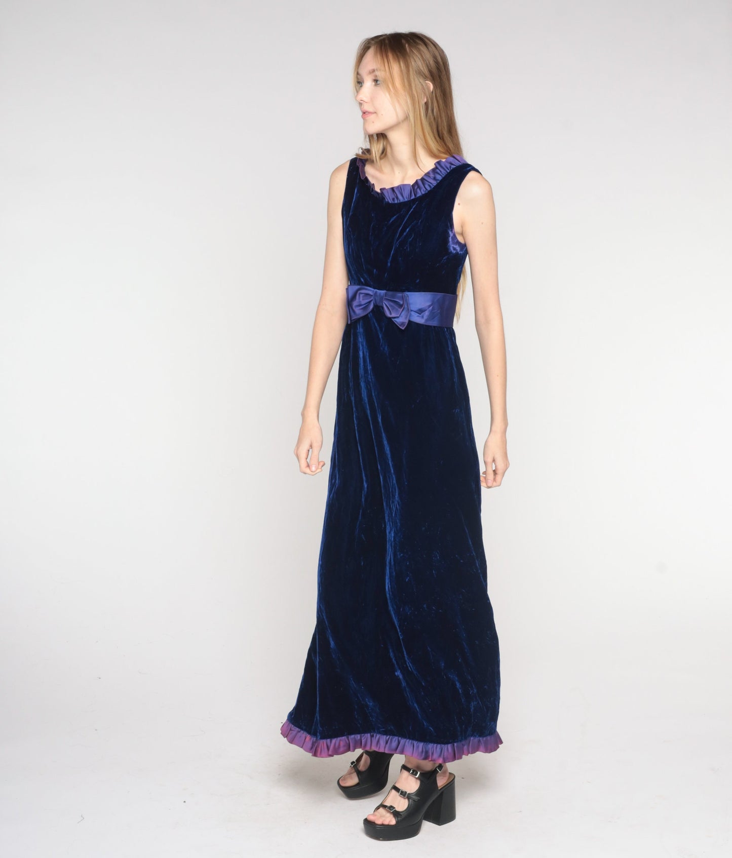 70s Indigo Velvet Maxi Dress Empire Waist Bow Ruffled Neckline Small S