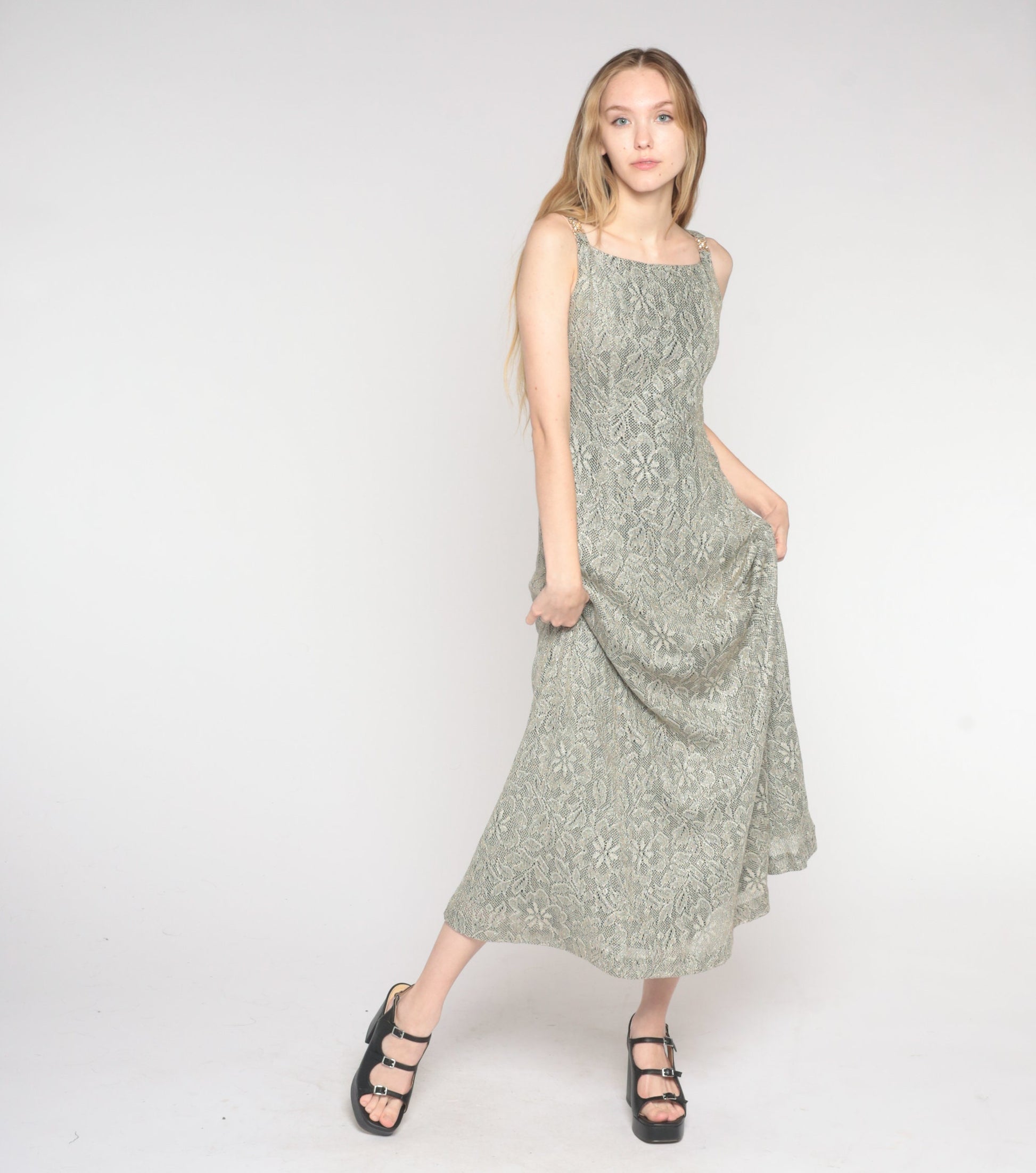 90s Metallic Floral Lace Maxi Dress Sleeveless Column Gown Small