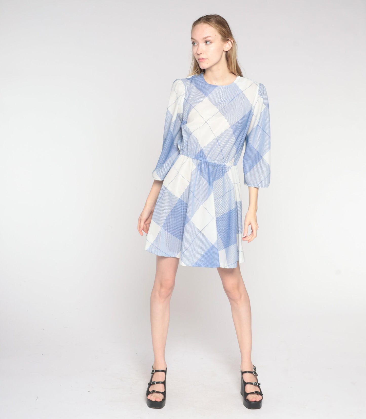70s Blue White Checkered Mini Dress Puff Sleeve A-Line High Waist Medium Large