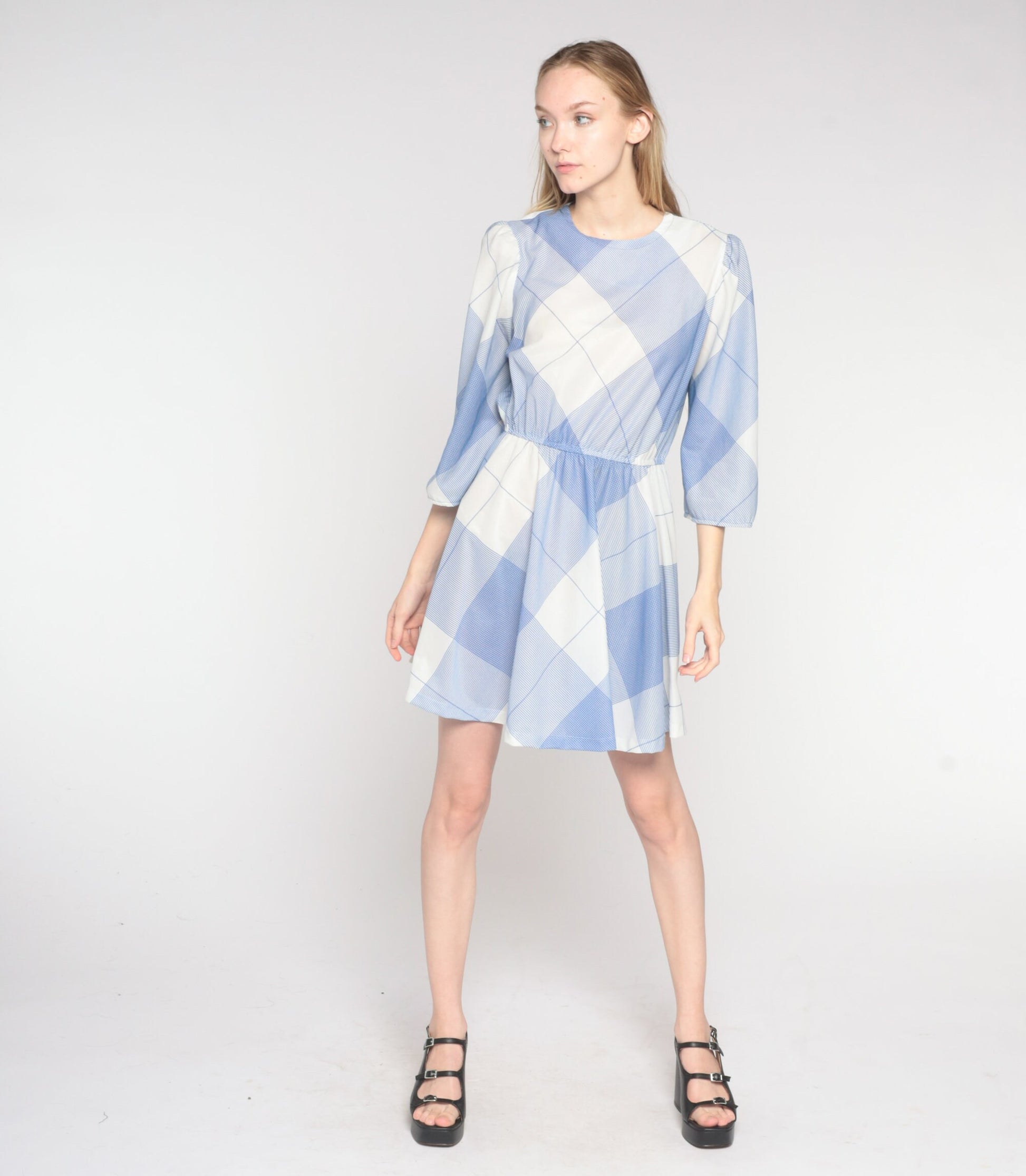 70s Blue White Checkered Mini Dress Puff Sleeve A-Line High Waist Medium Large