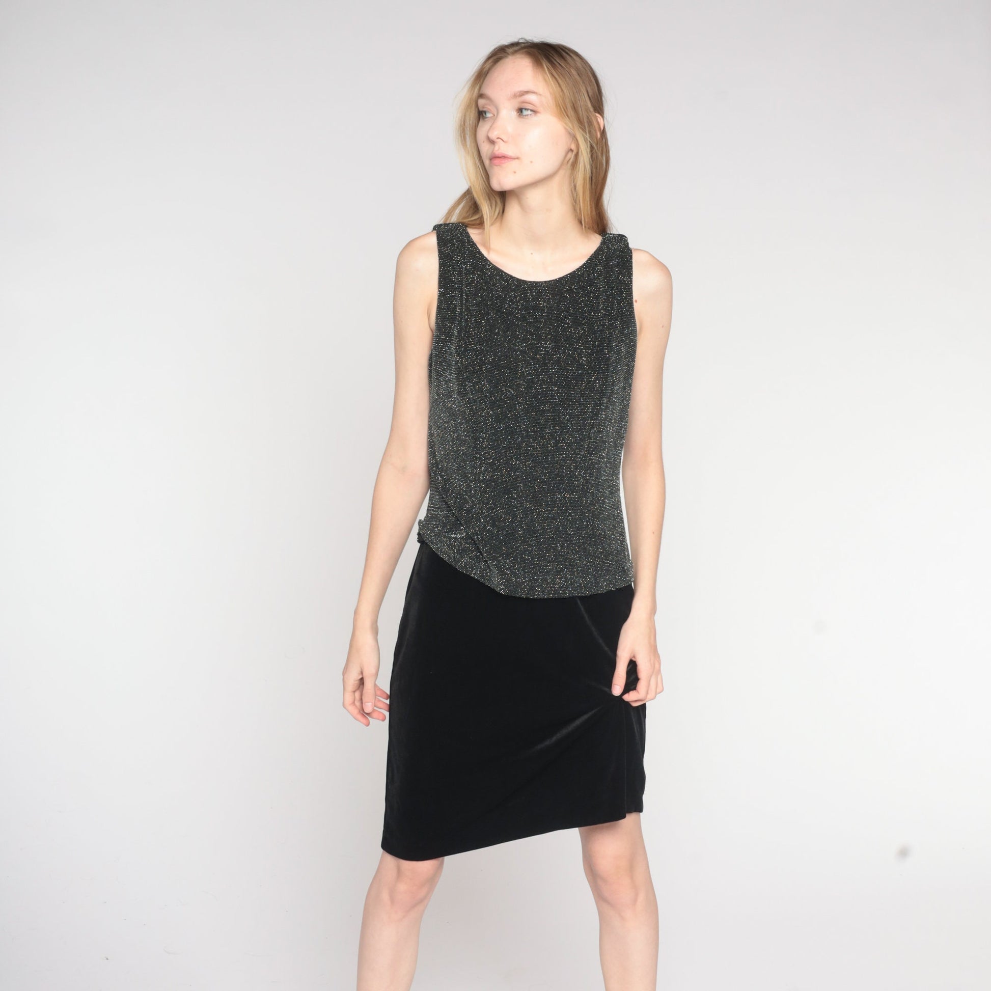 Y2K Metallic Silver Black Mini Shift Dress Sleeveless 00s Cocktail Medium 8