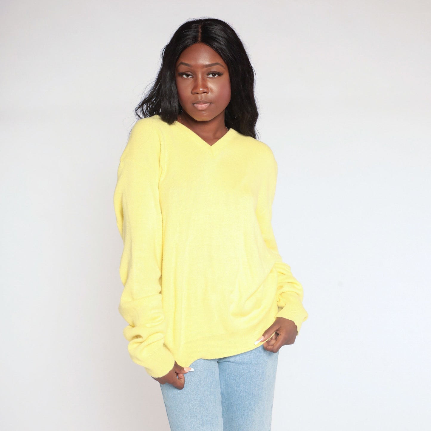 80s Yellow V-Neck Knit Sweater Extra Large XXL