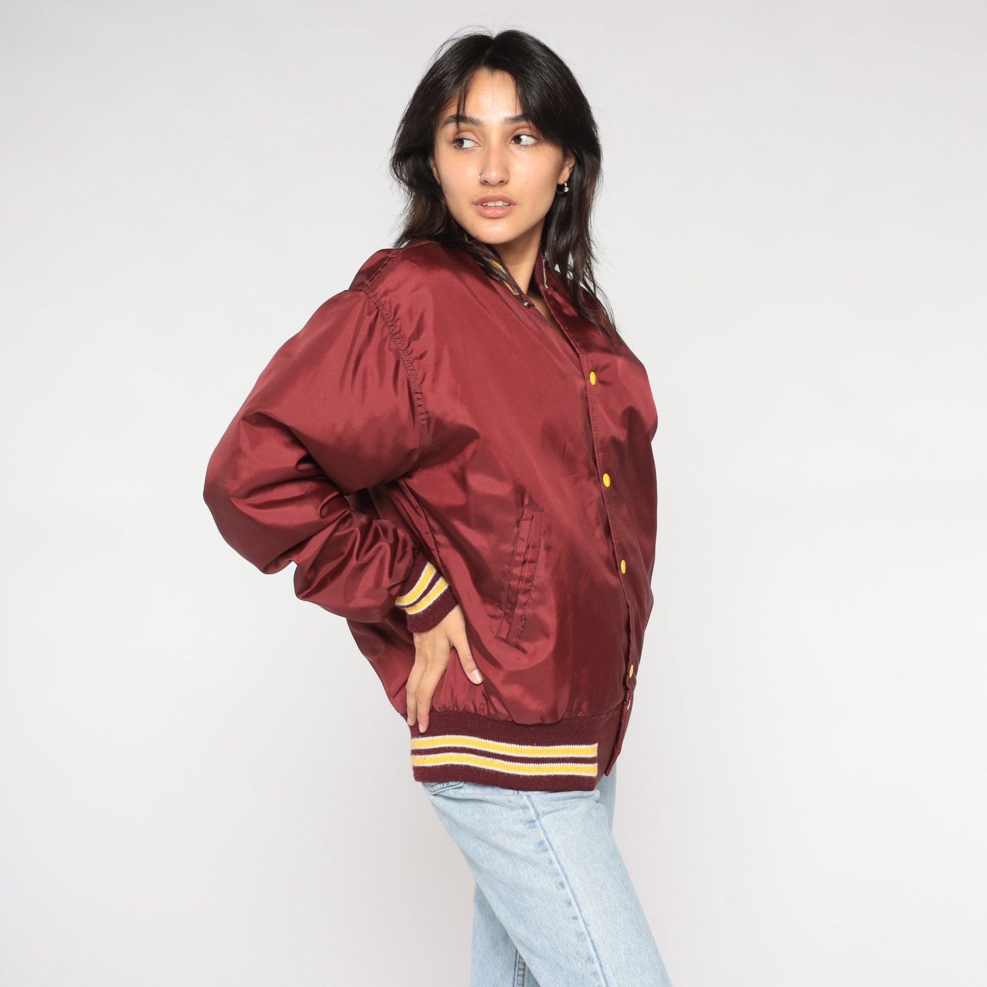 80s Schmidt's Dist Co Winoma Bomber Jacket Burgundy Snap Baseball Coat Medium