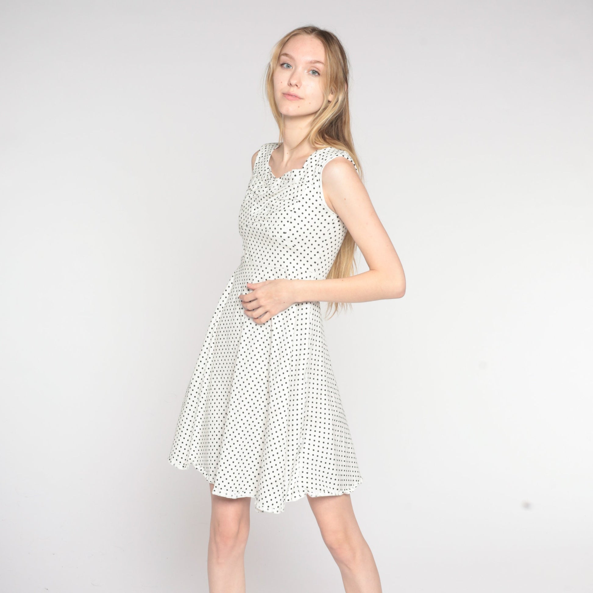 Y2K Polka Dot Mini Dress White Black Sweetheart Neckline Fit Flare Small S