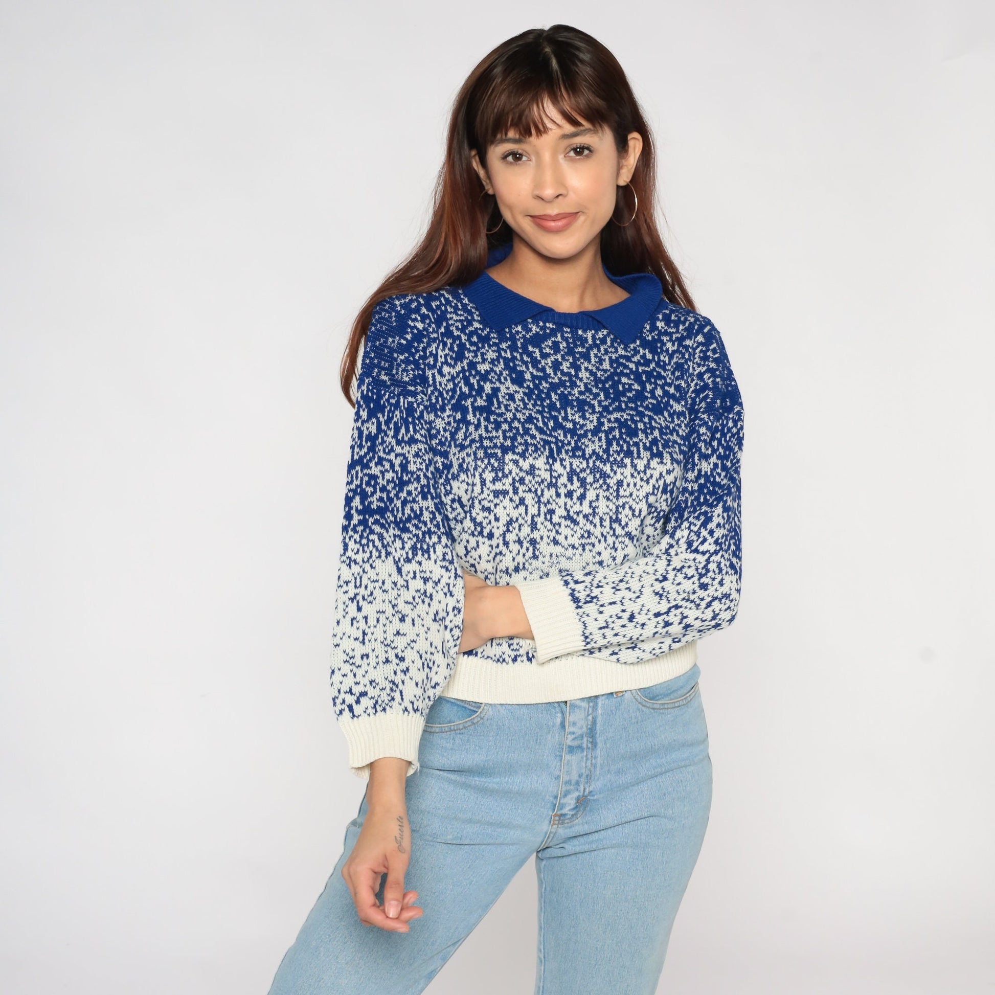 80s Blue White Gradient Knit Collared Sweater Polo Small S
