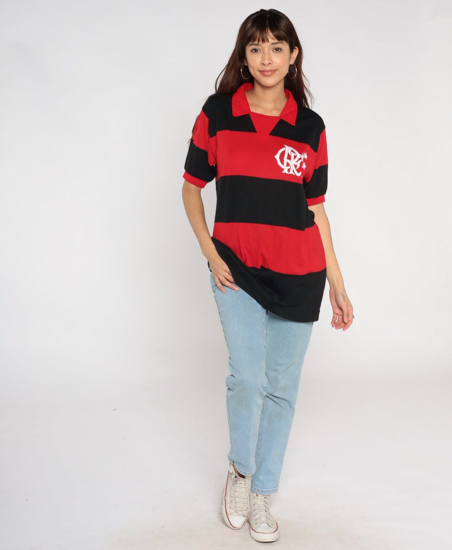 80s Clube de Regatas do Flamengo Polo Shirt Red Black Striped Medium M