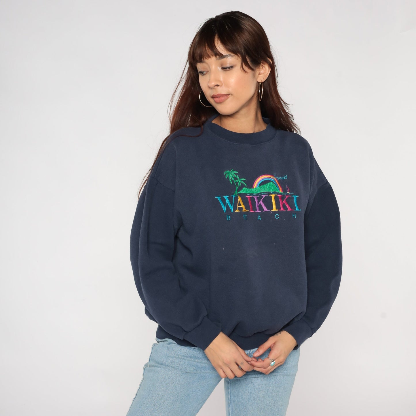 90s Waikiki Beach Hawaii Embroidered Sweatshirt Navy Crewneck Large L
