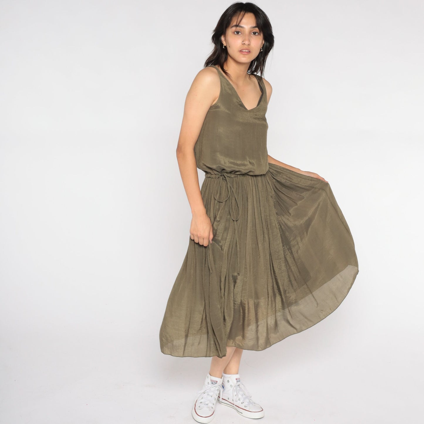 Y2K Metallic Bronze Midi Dress Sleeveless Pleated High Waist Small S