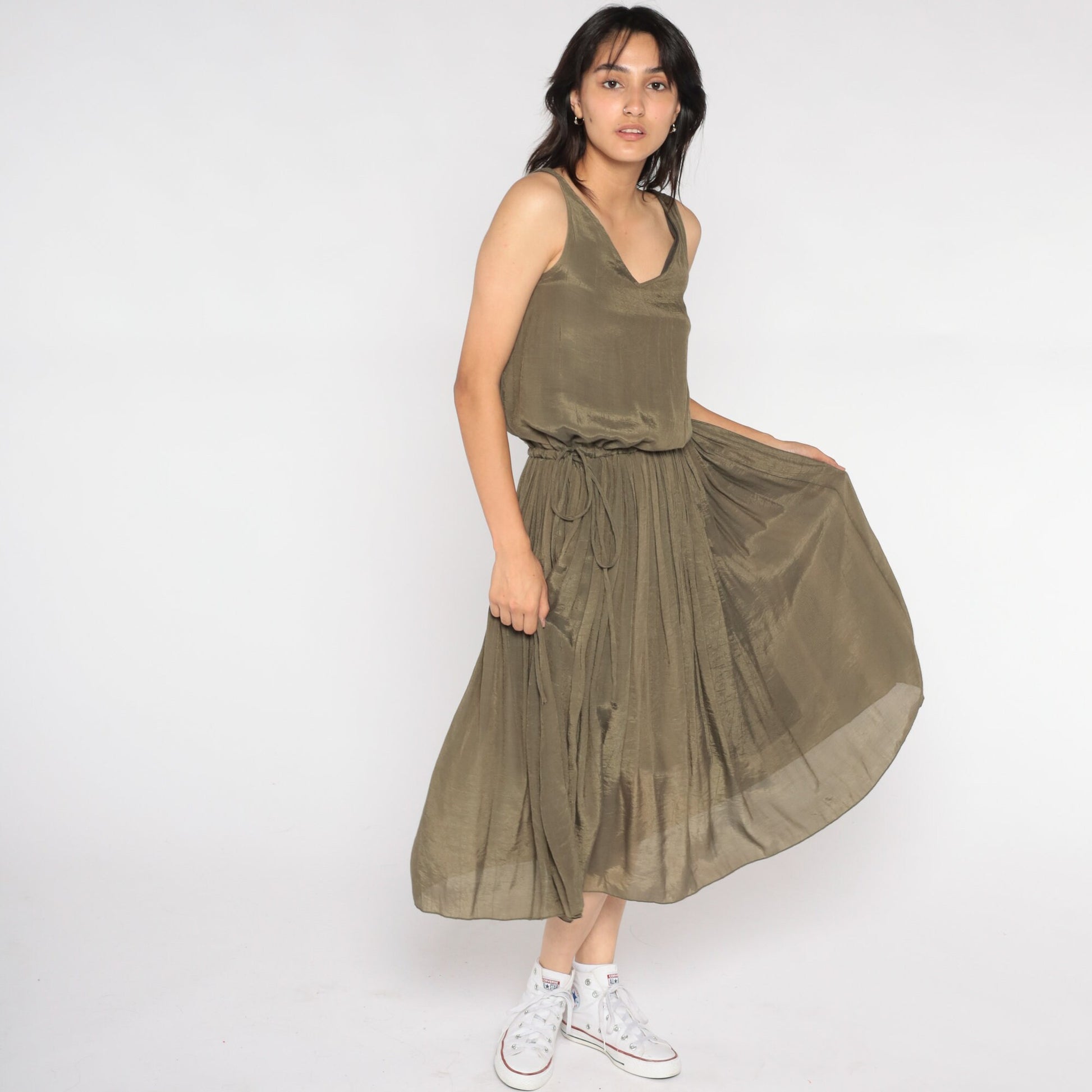 Y2K Metallic Bronze Midi Dress Sleeveless Pleated High Waist Small S