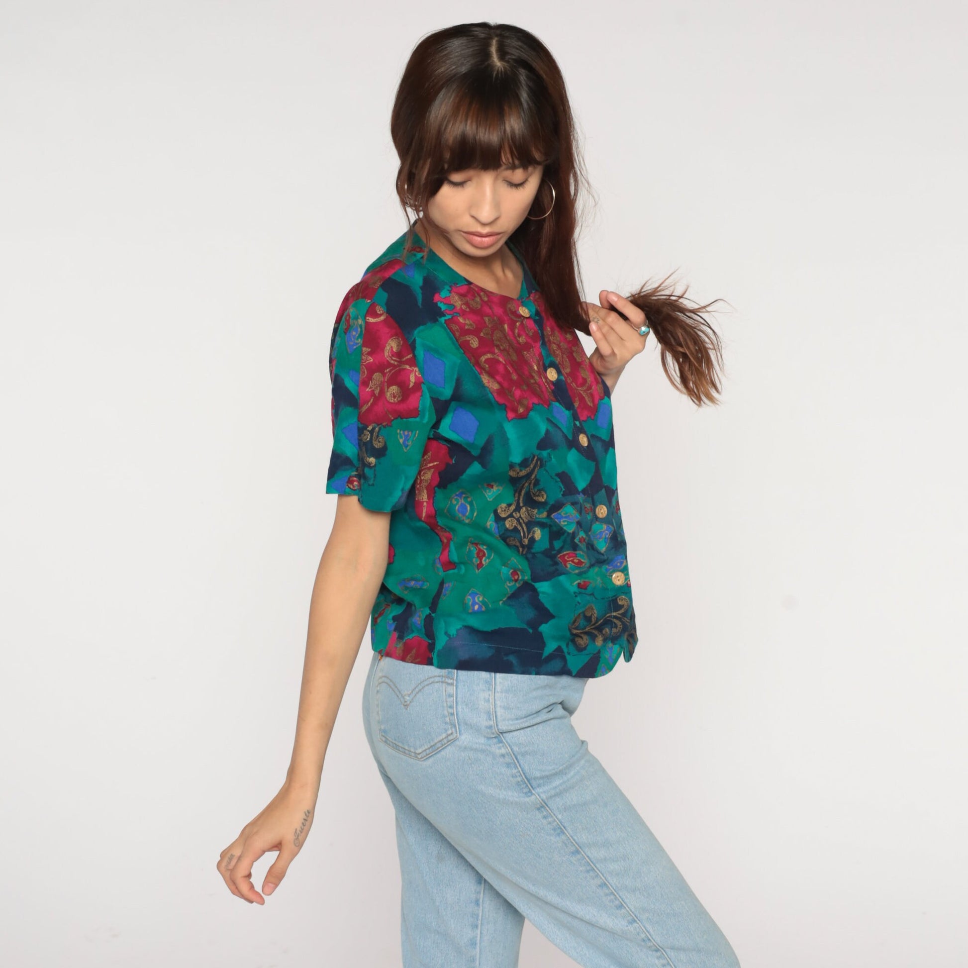 90s Fritzie Abstract Floral Geometric Button-Up Blouse Short Sleeve Small