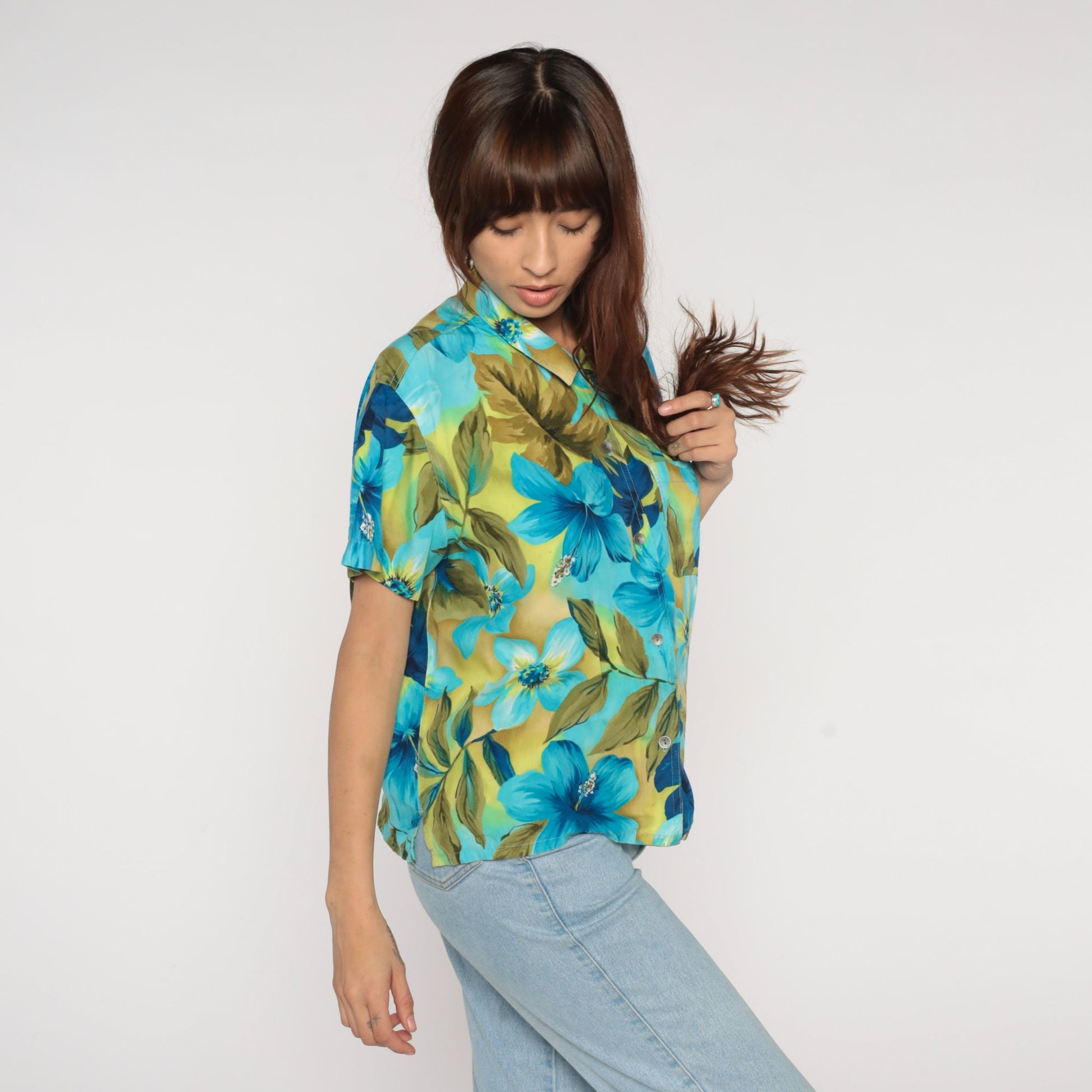 Y2K Liz Claiborne Tropical Floral Button-Up Blouse Blue Green Hibiscus Large L