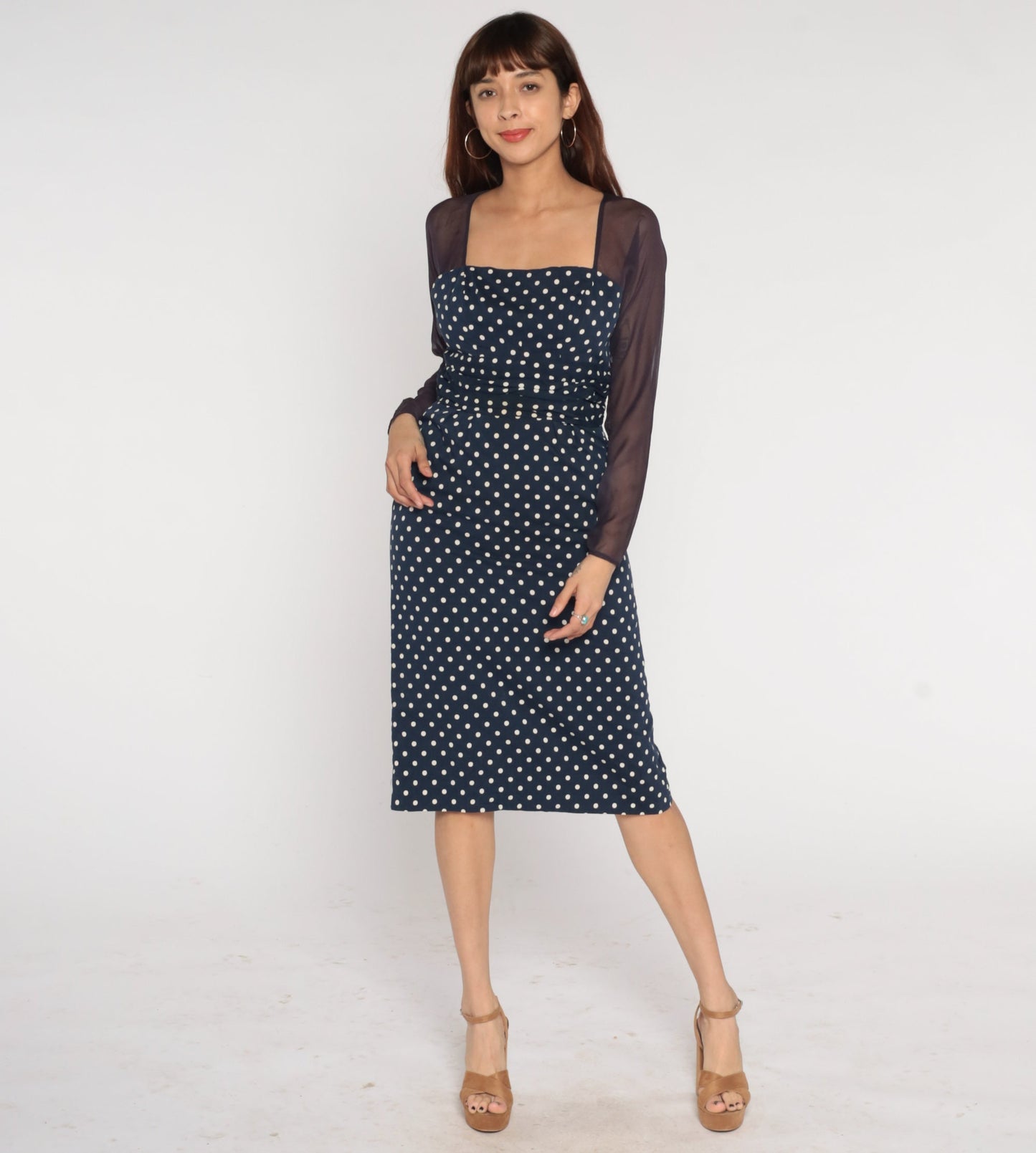 1960s Navy Polka Dot Midi Pencil Dress Sheer Sleeve Keyhole Small