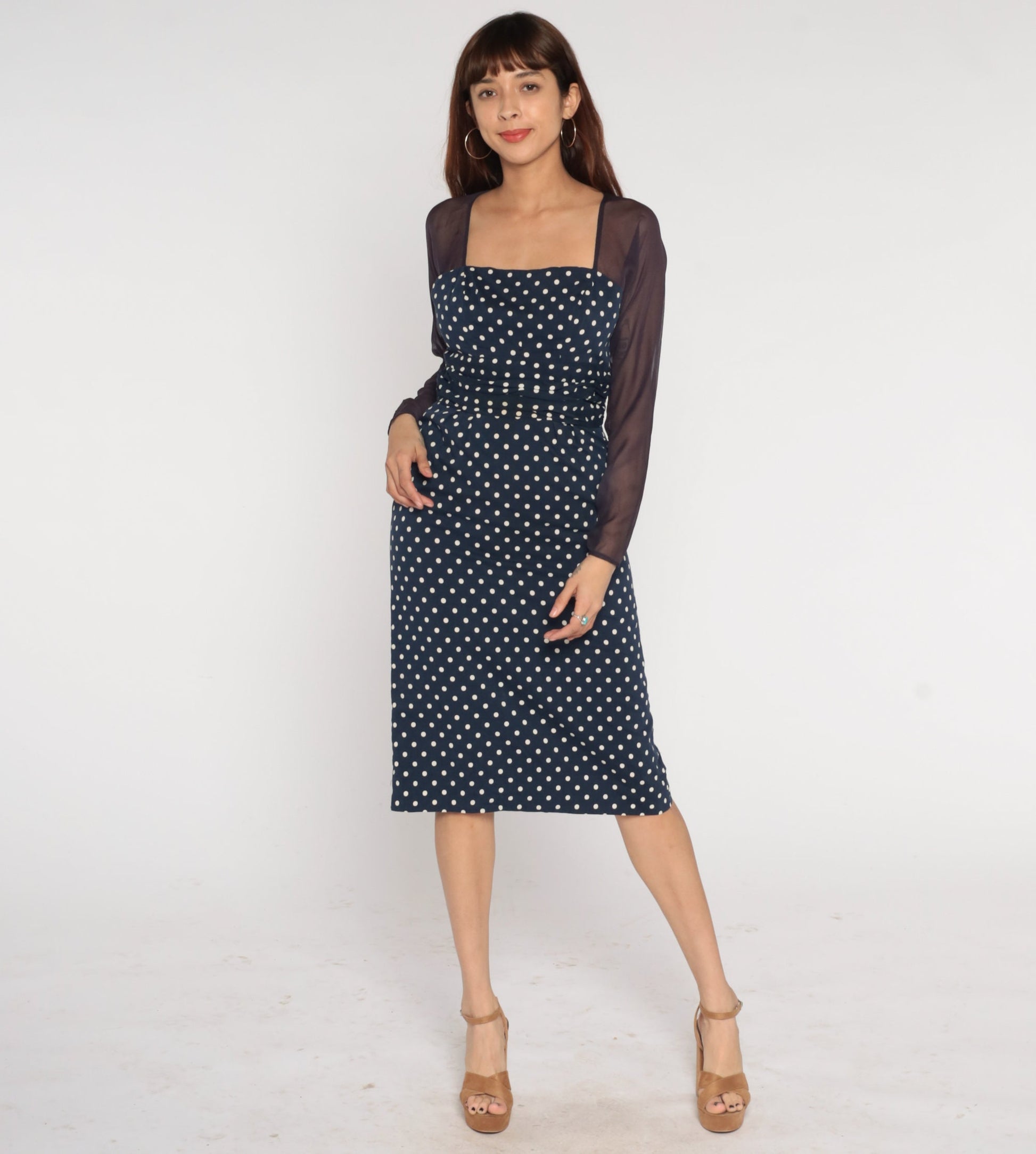 1960s Navy Polka Dot Midi Pencil Dress Sheer Sleeve Keyhole Small