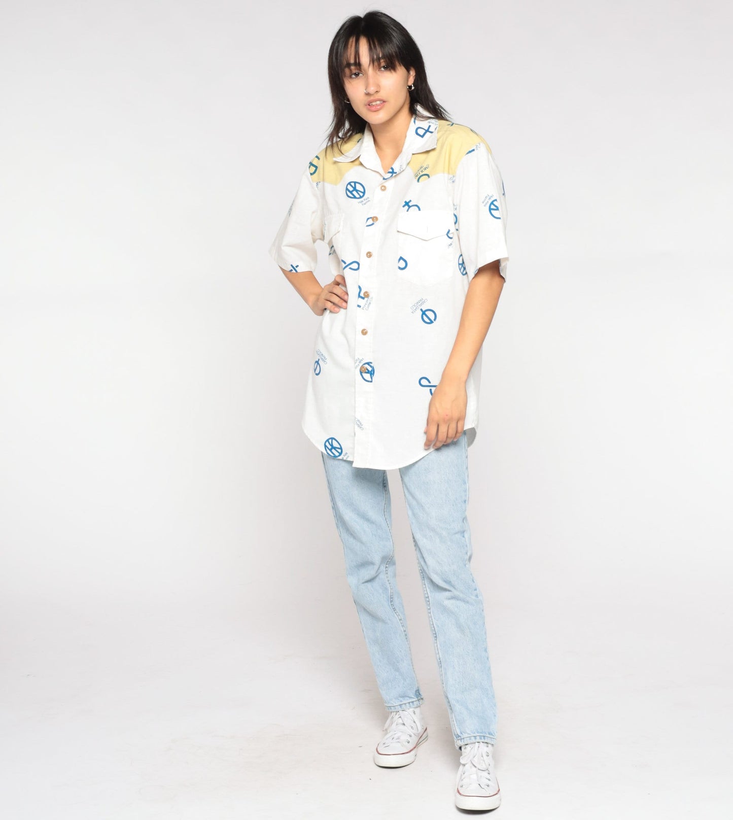 90s Reyn Spooner Cattle Brand Western Shirt White Yellow Yoke Medium
