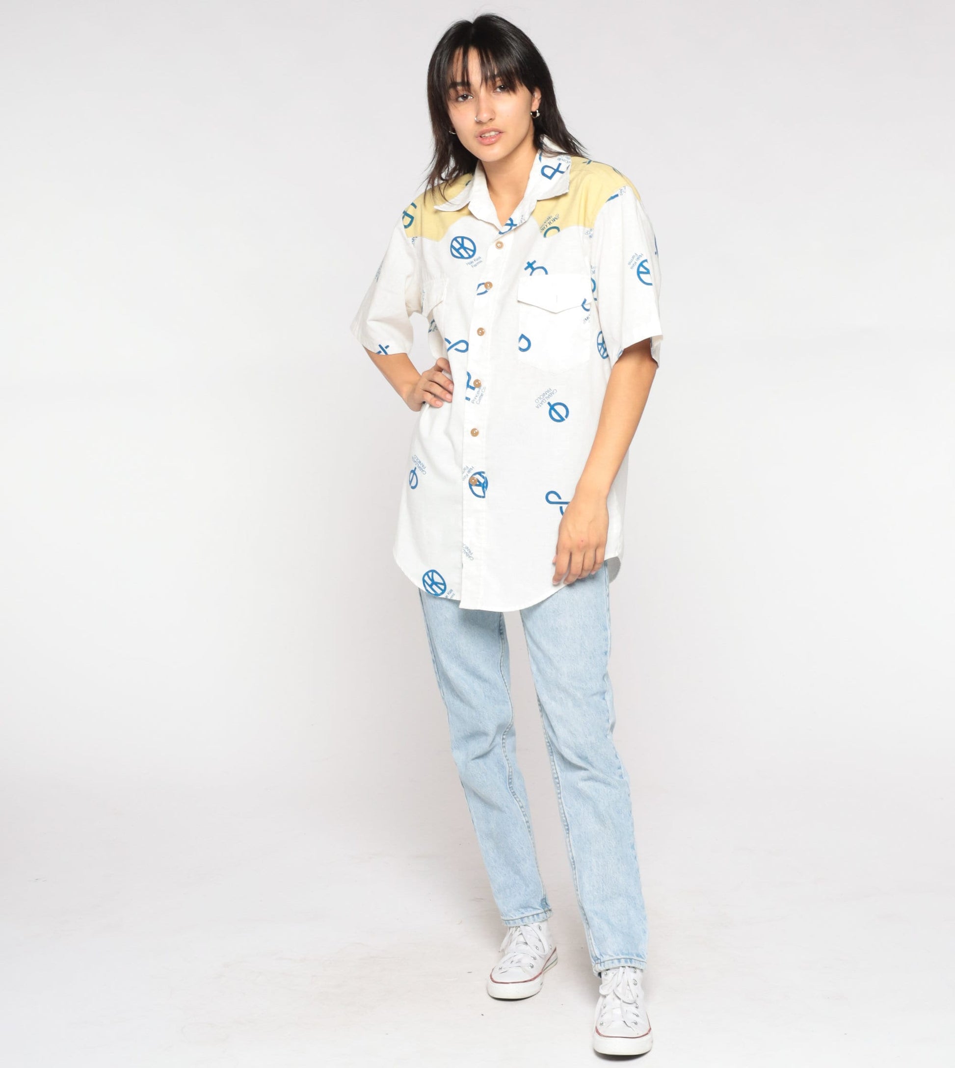 90s Reyn Spooner Cattle Brand Western Shirt White Yellow Yoke Medium