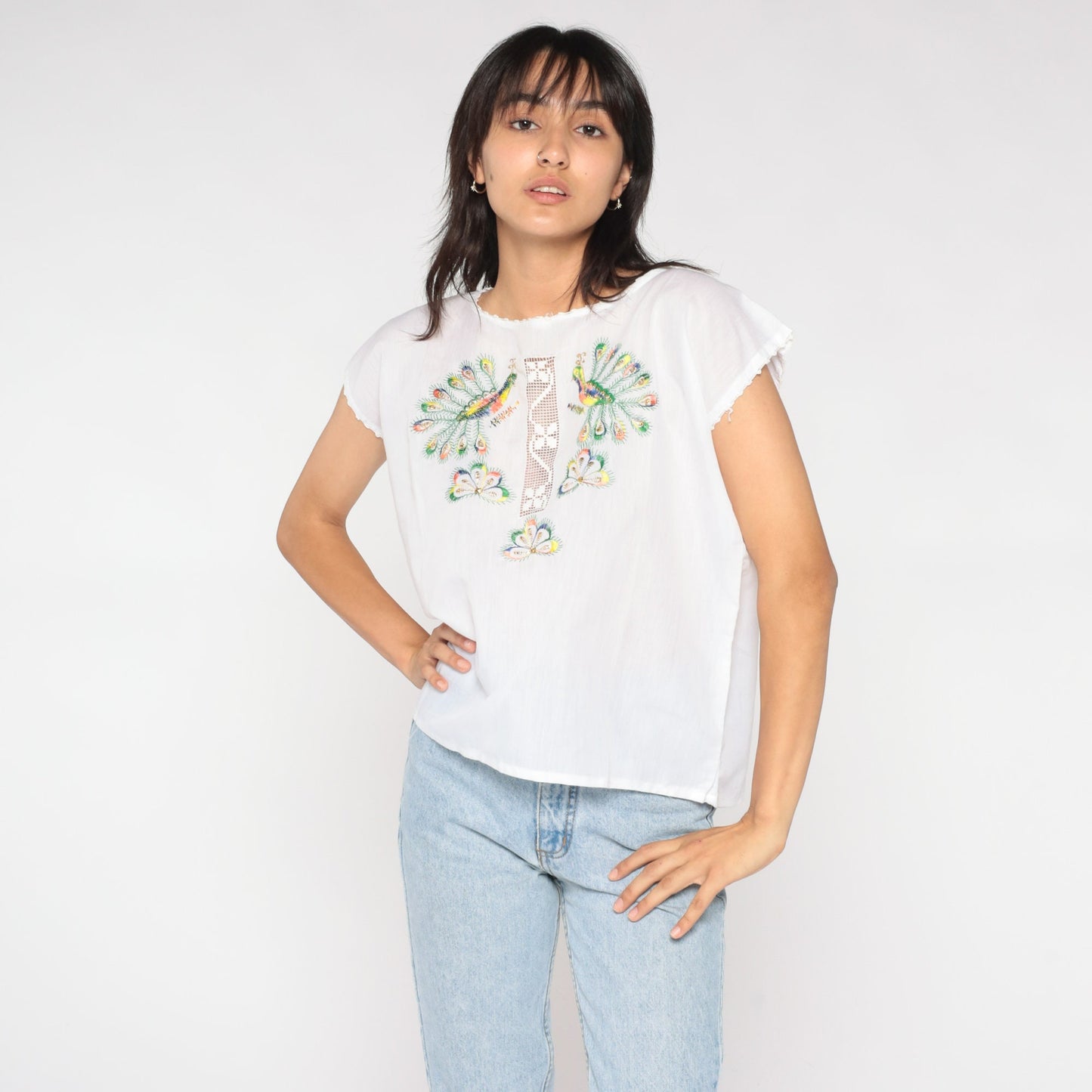 90s White Peacock Embroidered Blouse Metallic Cutout Cap Sleeve Medium