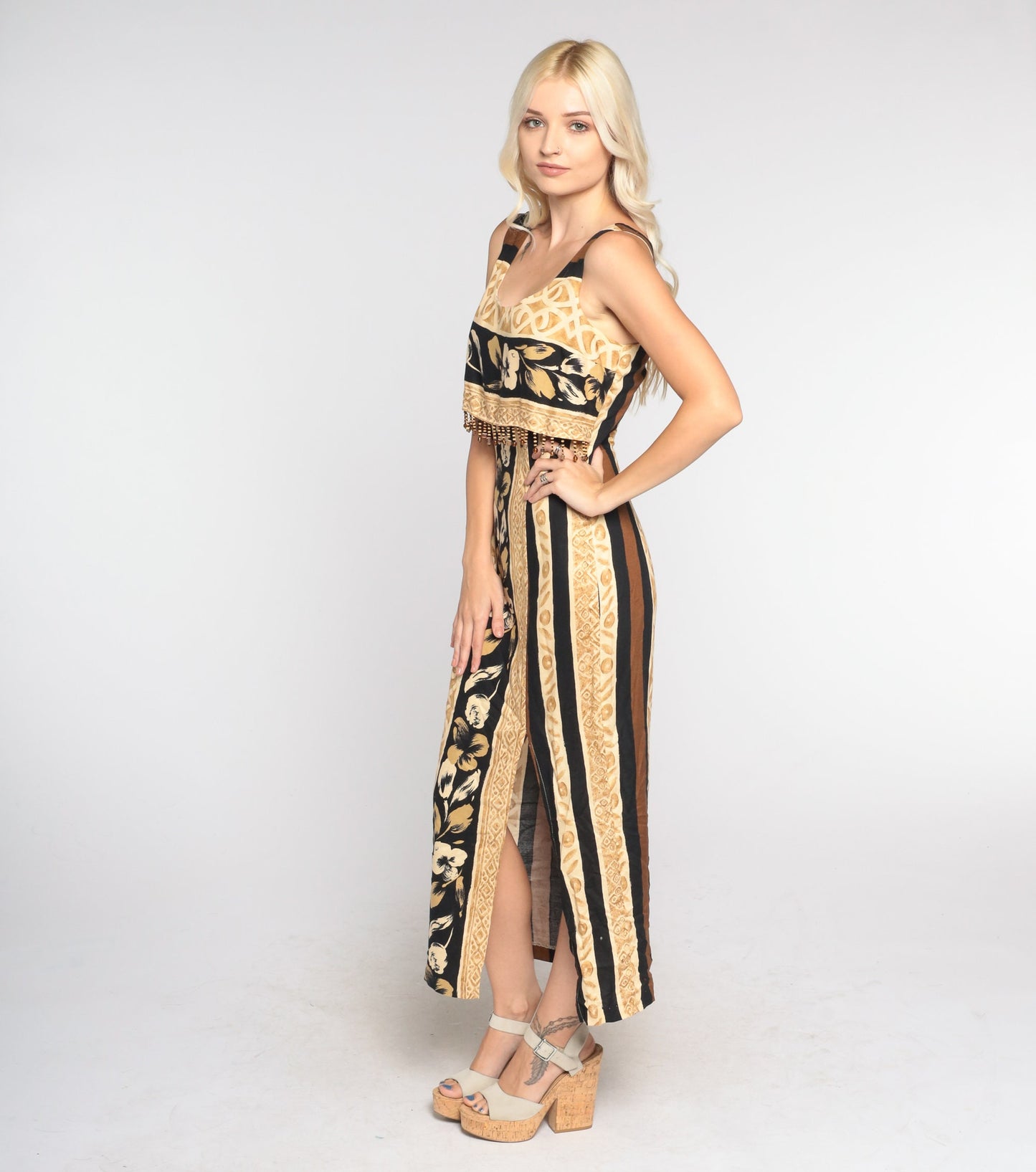 90s Tropical Floral Midi Dress Beaded Bodice Front Slit Sleeveless Extra Small