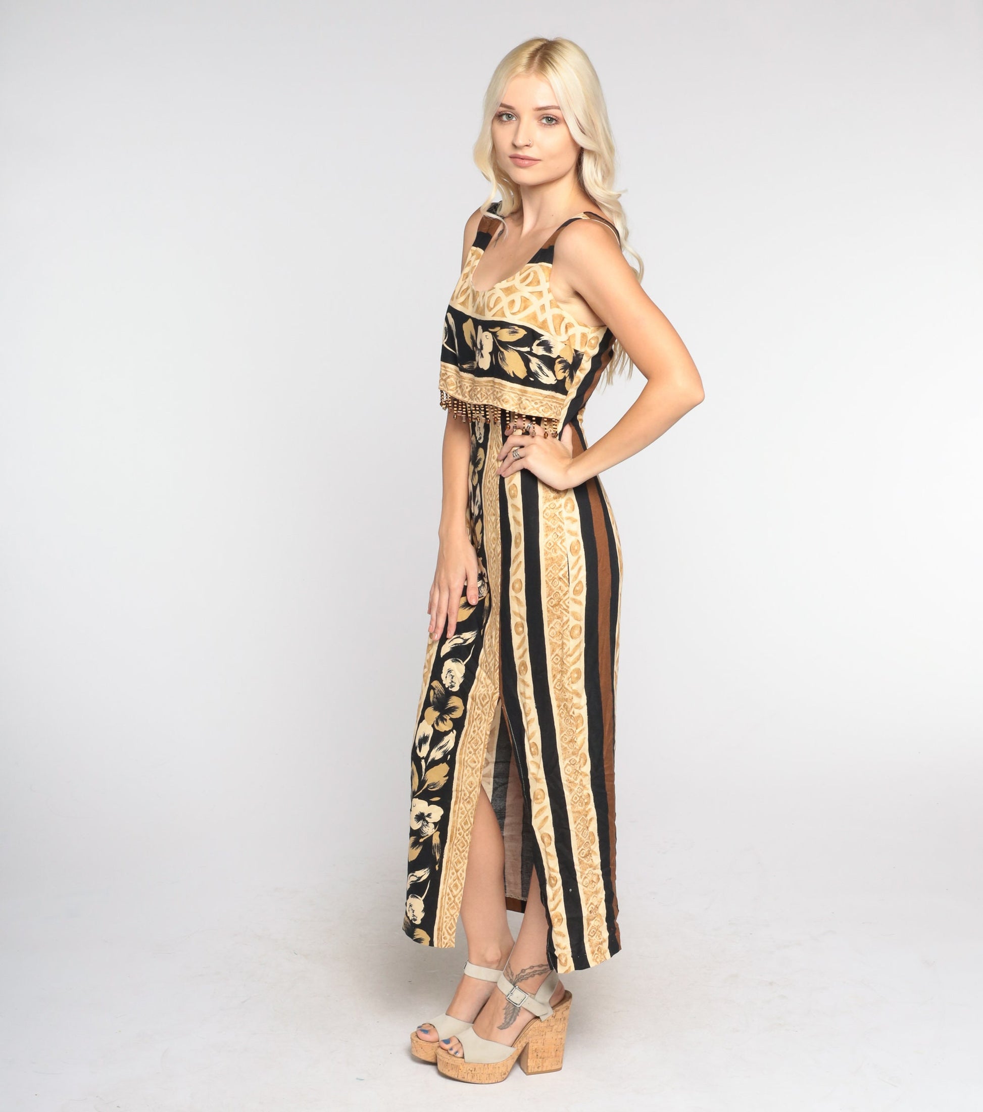 90s Tropical Floral Midi Dress Beaded Bodice Front Slit Sleeveless Extra Small