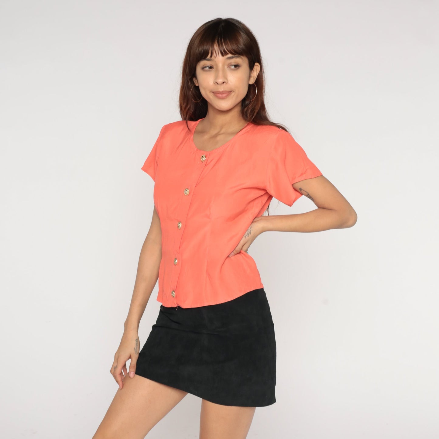 90s Anxiety Peach Button-Up Blouse Short Sleeve Golden Buttons Small S