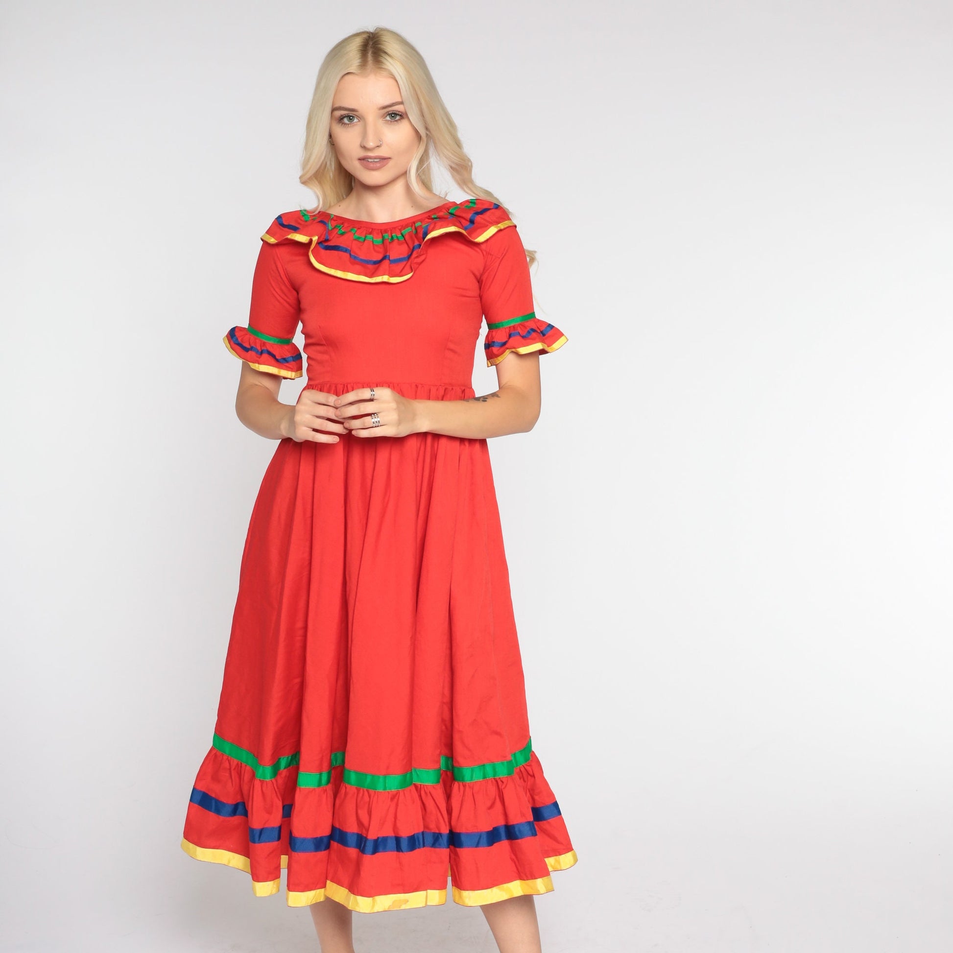 80s Red Prairie Midi Dress High Waisted Tiered Ruffled Short Sleeve Extra Small
