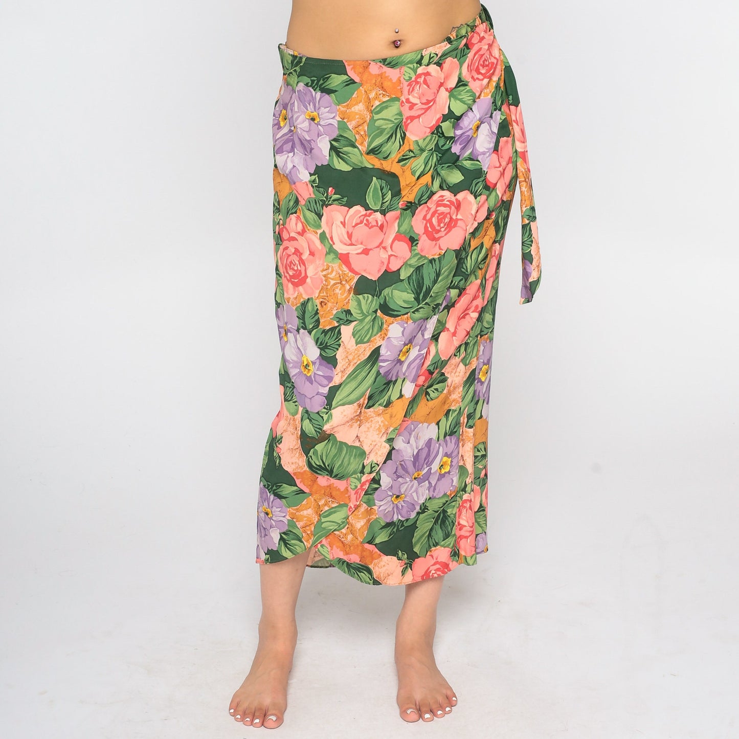 90s Floral Wrap Maxi Skirt Rayon Rose Pattern Small S