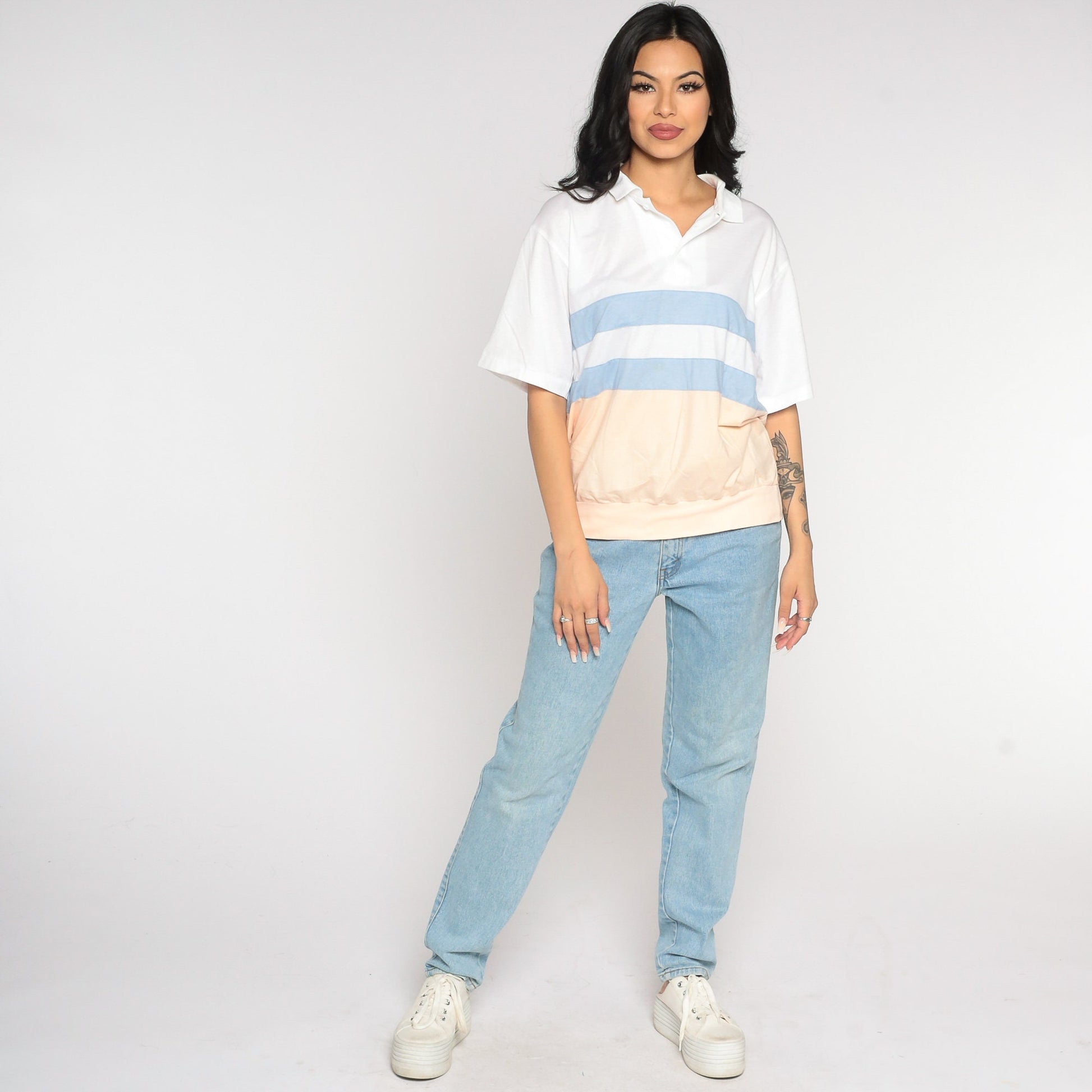 80s Striped Polo Shirt White Peach Blue Color Block Short Sleeve Medium Large