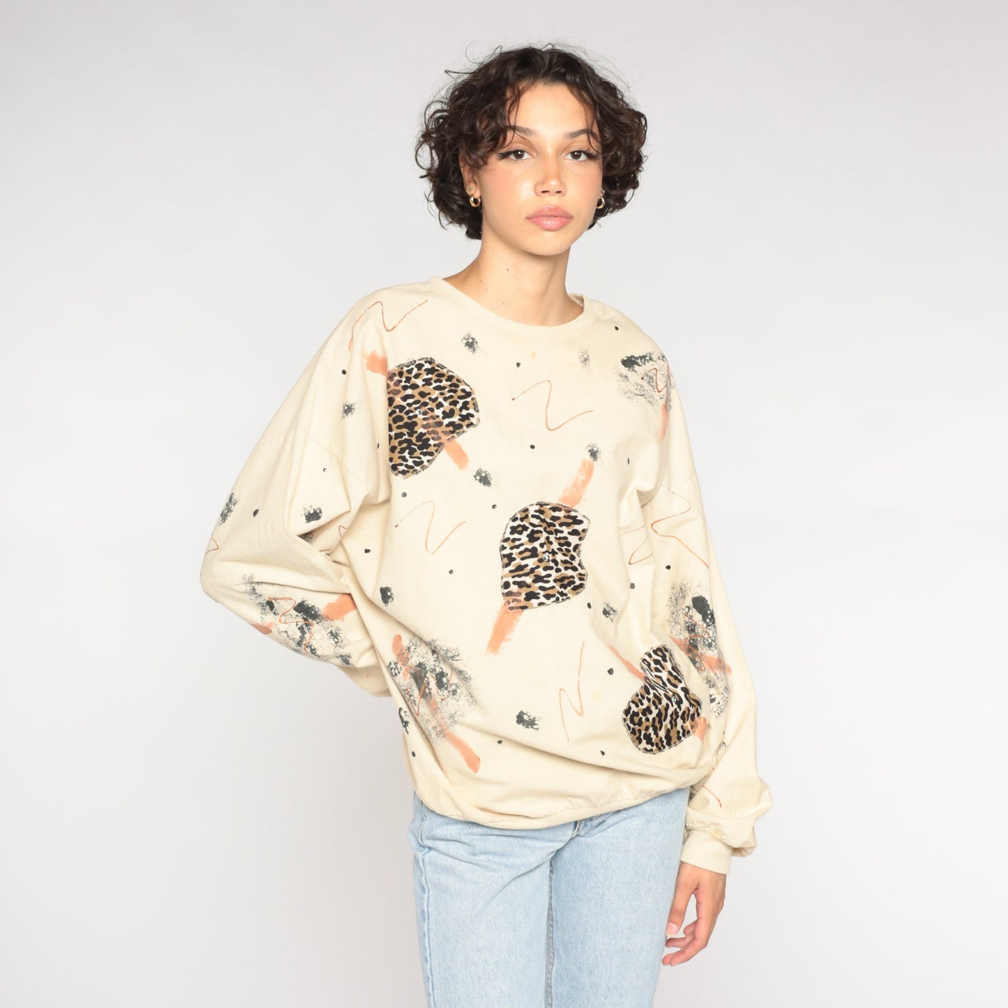 80s Animal Print Abstract Brushstroke Long Sleeve Shirt Cream Cotton Large