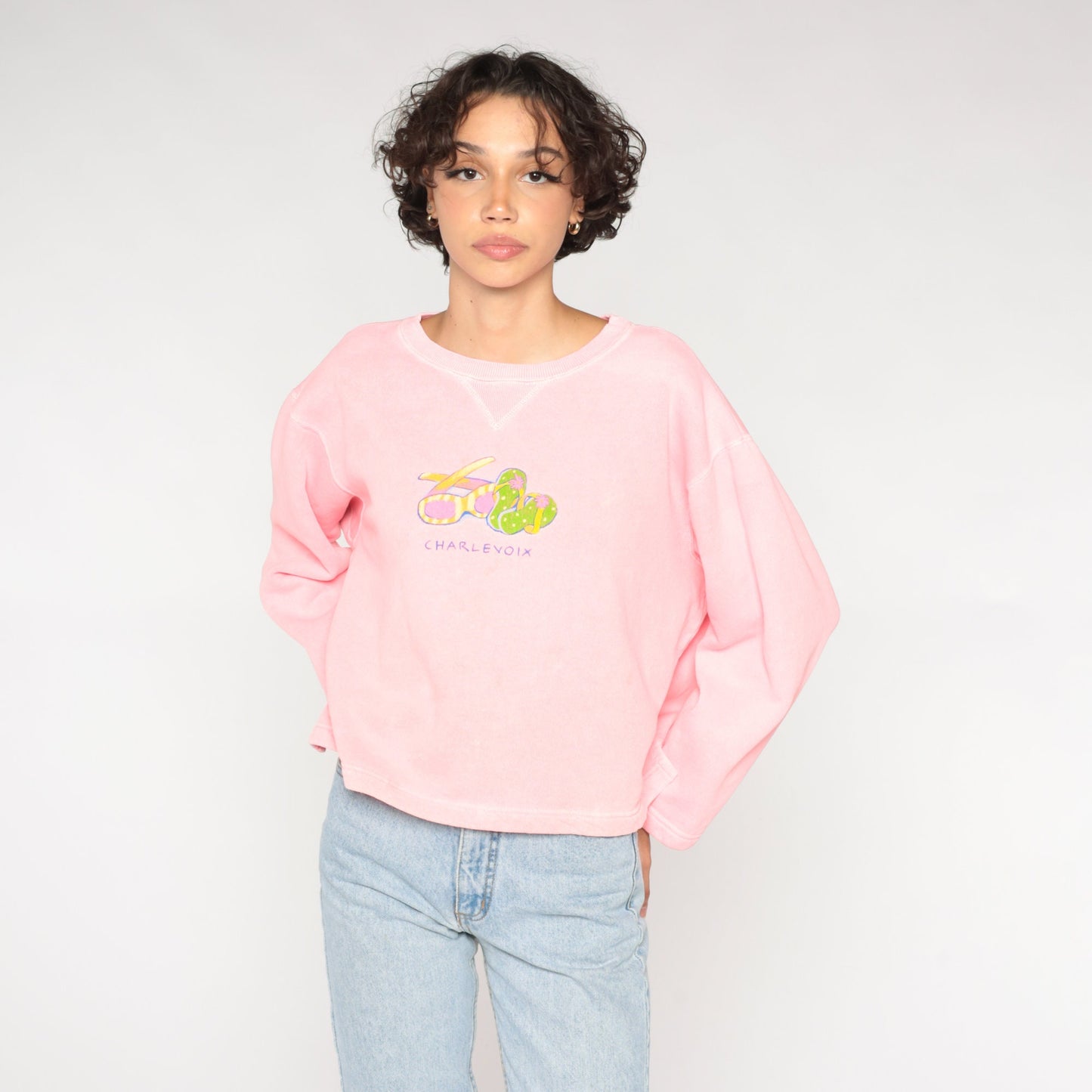 90s Charlevoix Michigan Graphic Sweatshirt Hot Pink Crewneck Medium
