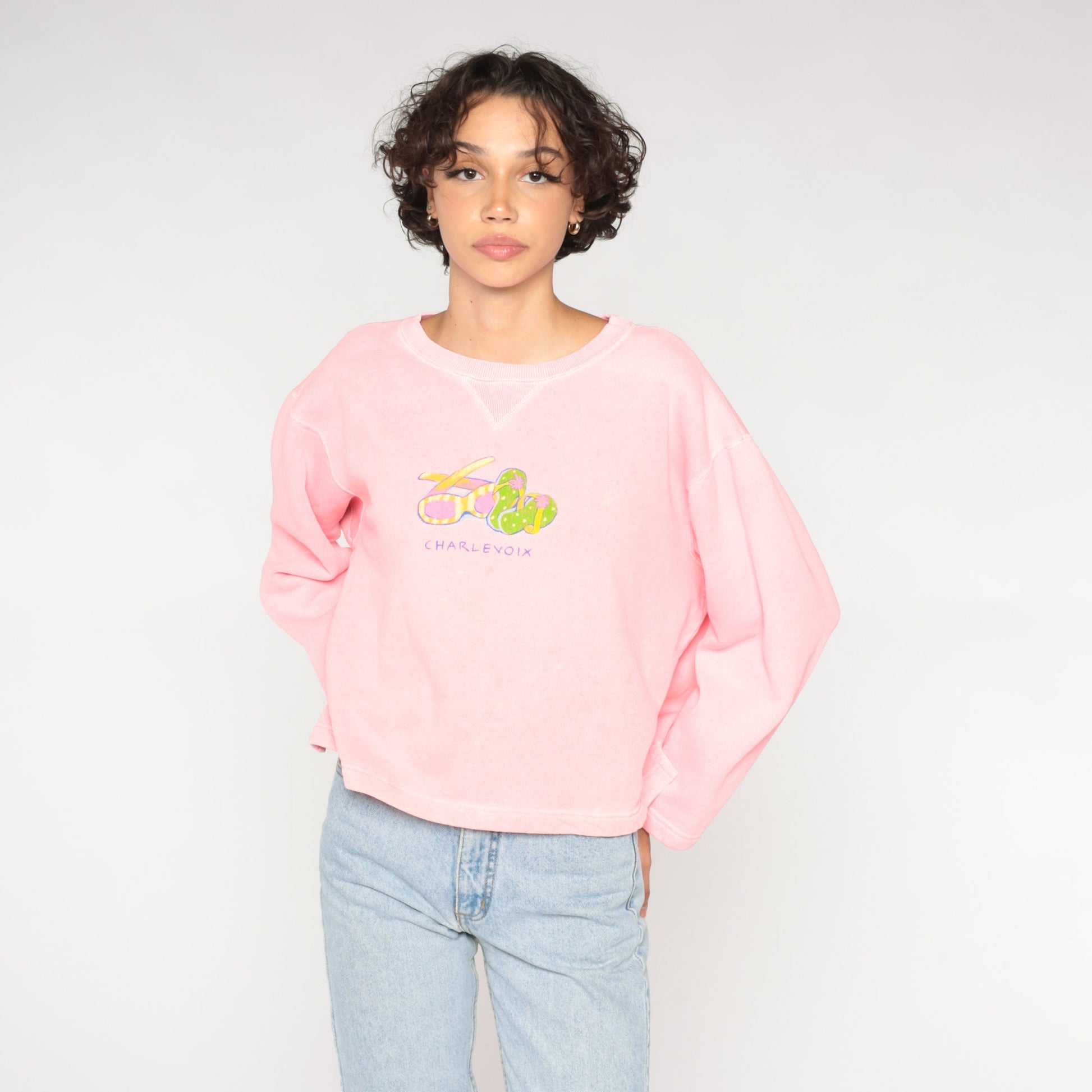 90s Charlevoix Michigan Graphic Sweatshirt Hot Pink Crewneck Medium