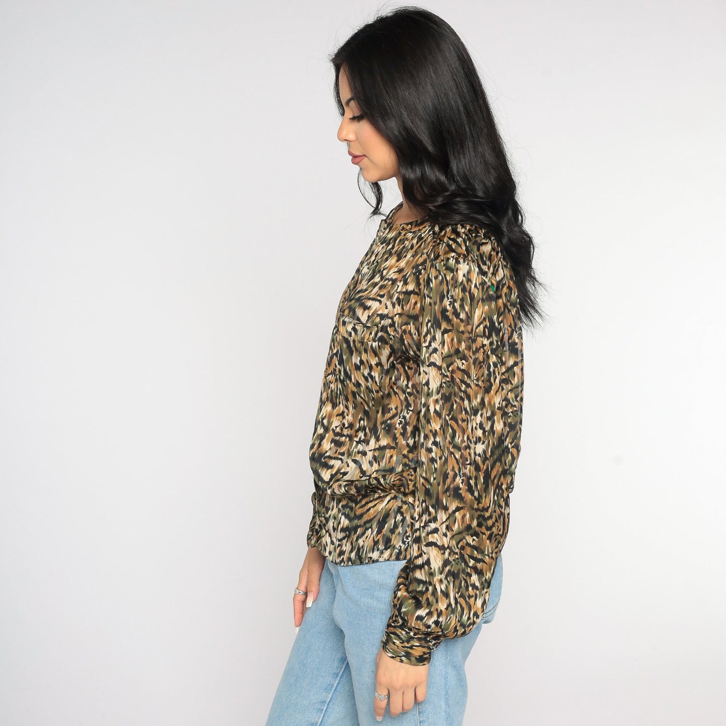 90s Animal Print Button-Up Blouse Tiger Leopard Stripe Long Sleeve Large