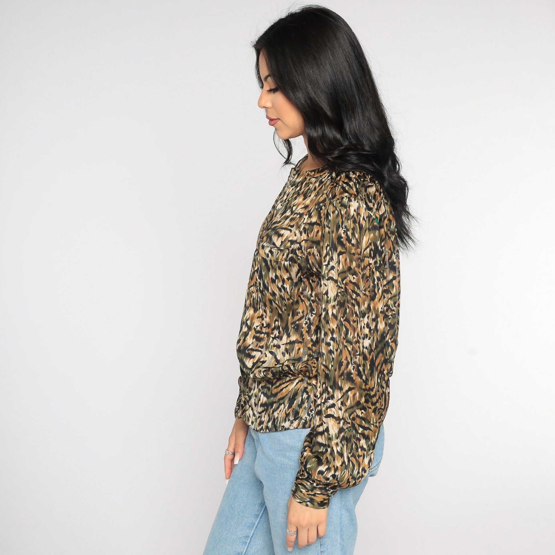 90s Animal Print Button-Up Blouse Tiger Leopard Stripe Long Sleeve Large