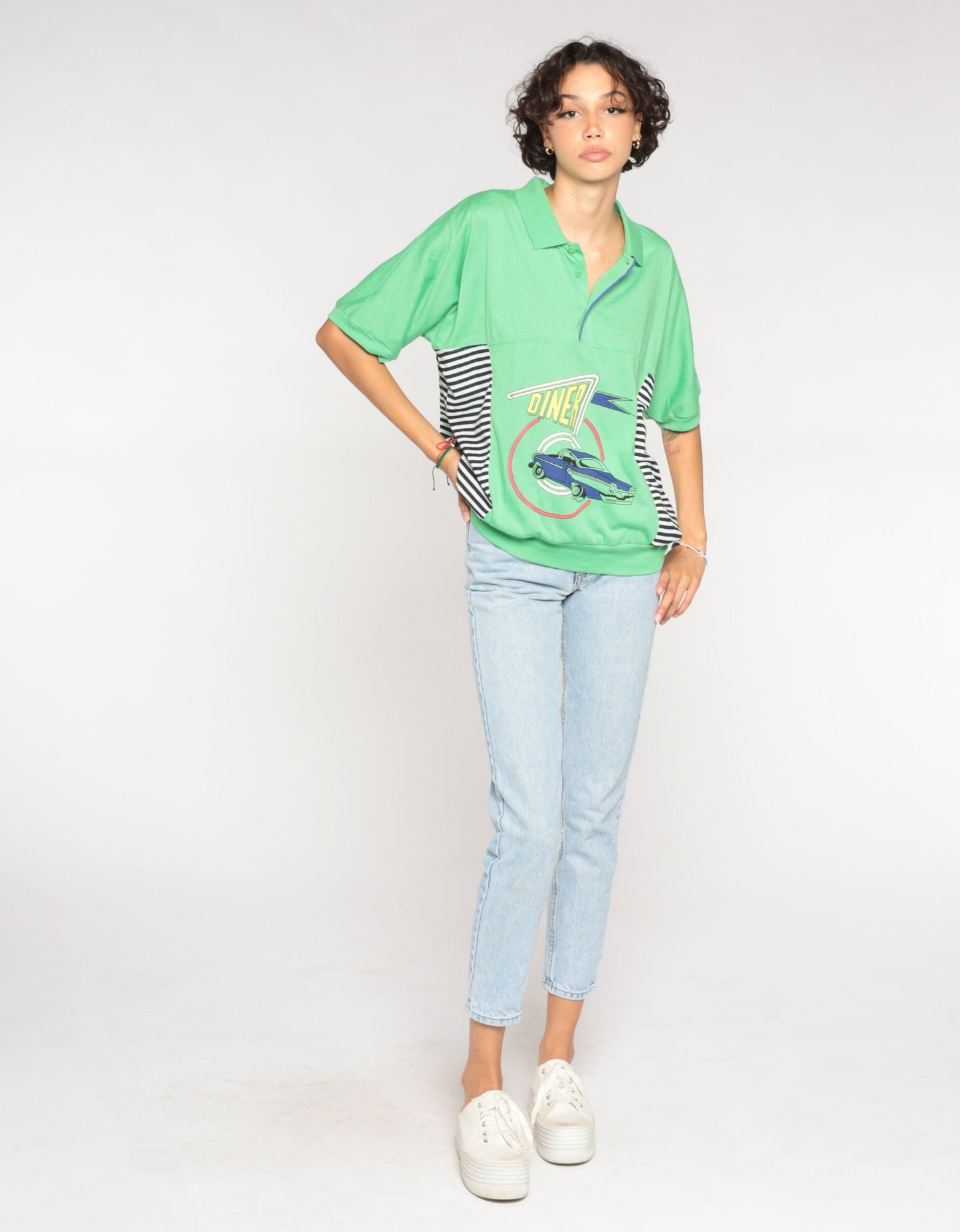 90s Le Tigre Polo Shirt Lime Green Classic Car Diner Graphic Striped Extra Large