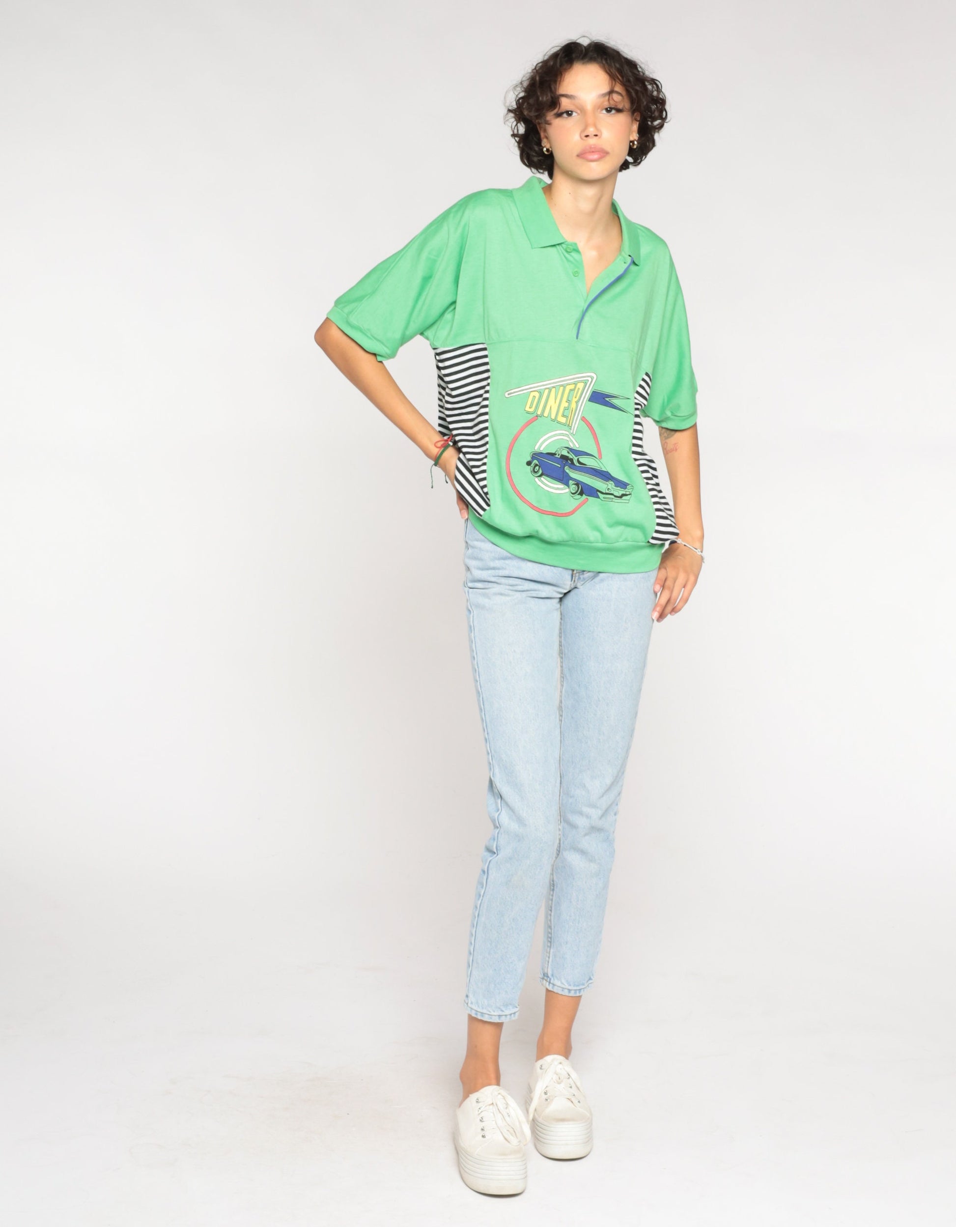 90s Le Tigre Polo Shirt Lime Green Classic Car Diner Graphic Striped Extra Large