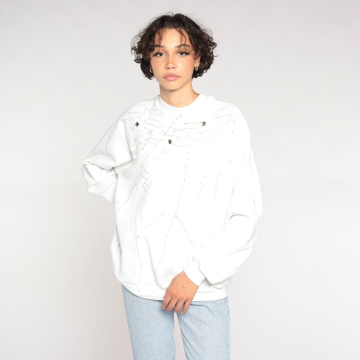 90s Jerzees White Sweatshirt Studded Abstract Painted Design Crewneck Extra Large