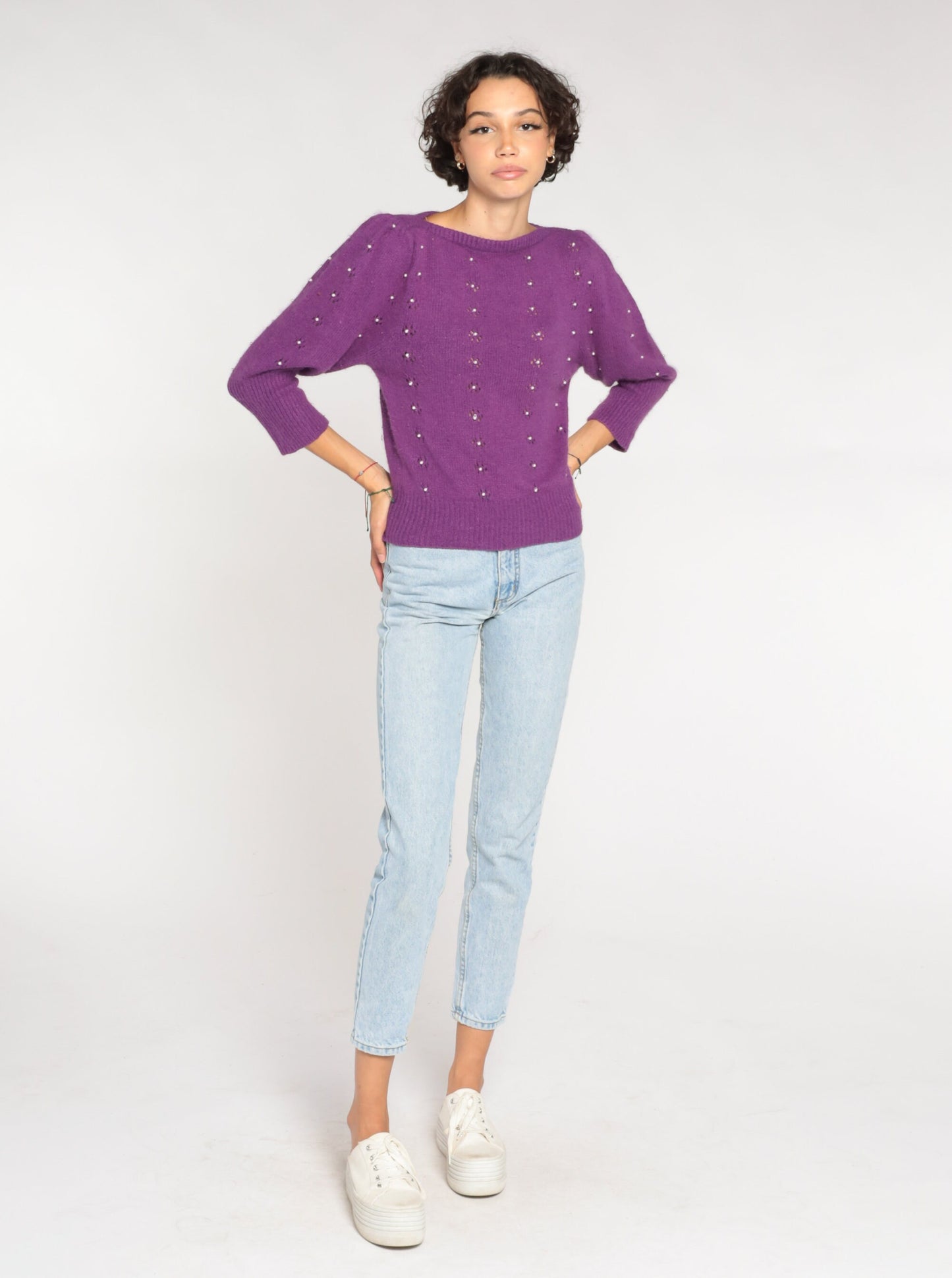 80s Purple Knit Sweater Puff Sleeve Pearl Beaded Cutout Silk Angora Small