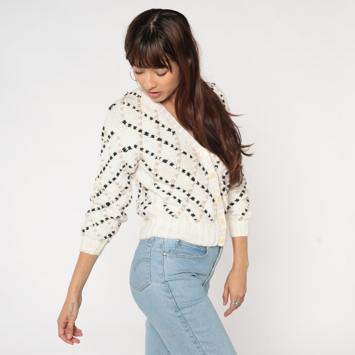 80s White Cardigan Sweater Diamond Textured Knit Black Tan Medium M