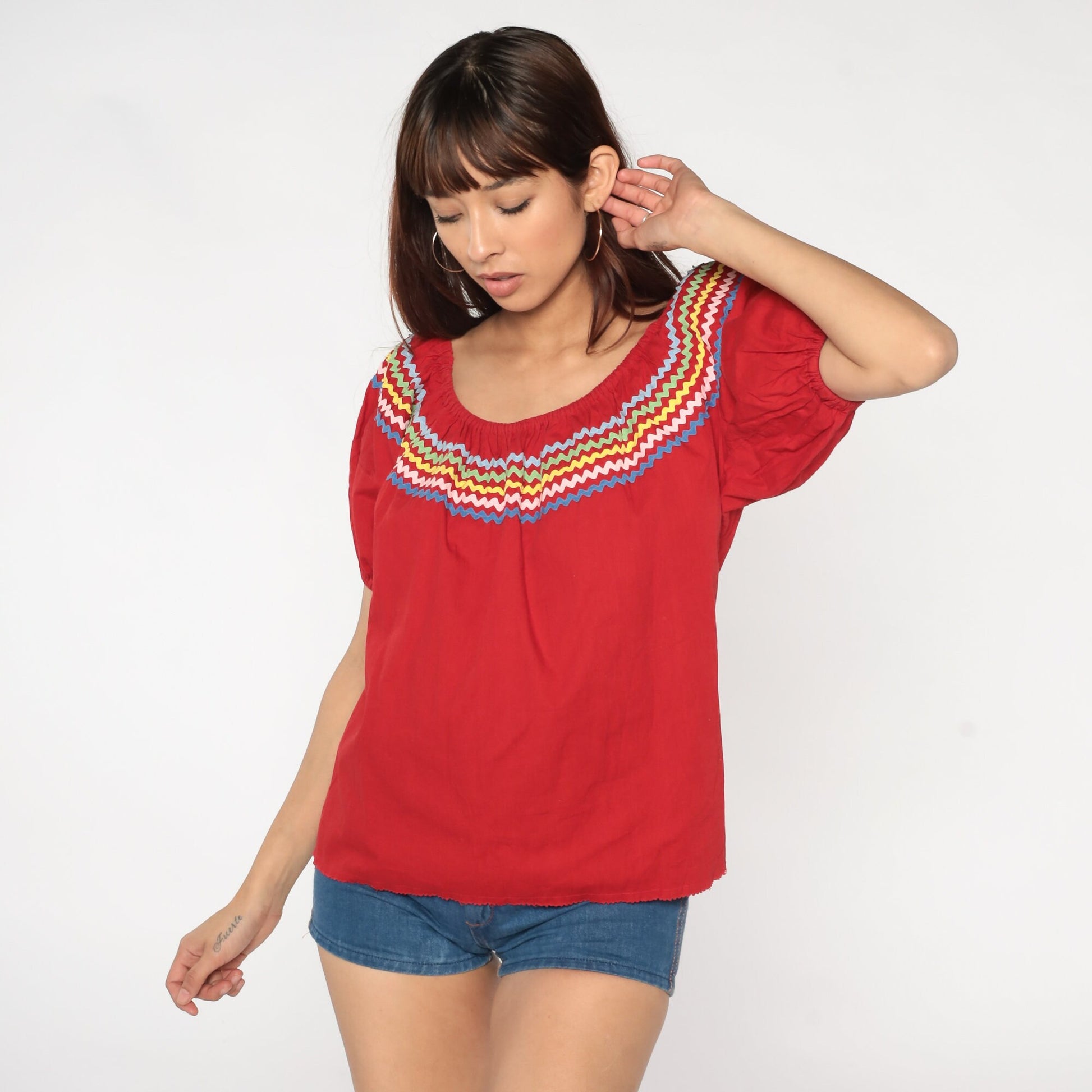 90s Red Peasant Blouse Puff Sleeve Ric-Rac Trim Cotton Top Medium Large