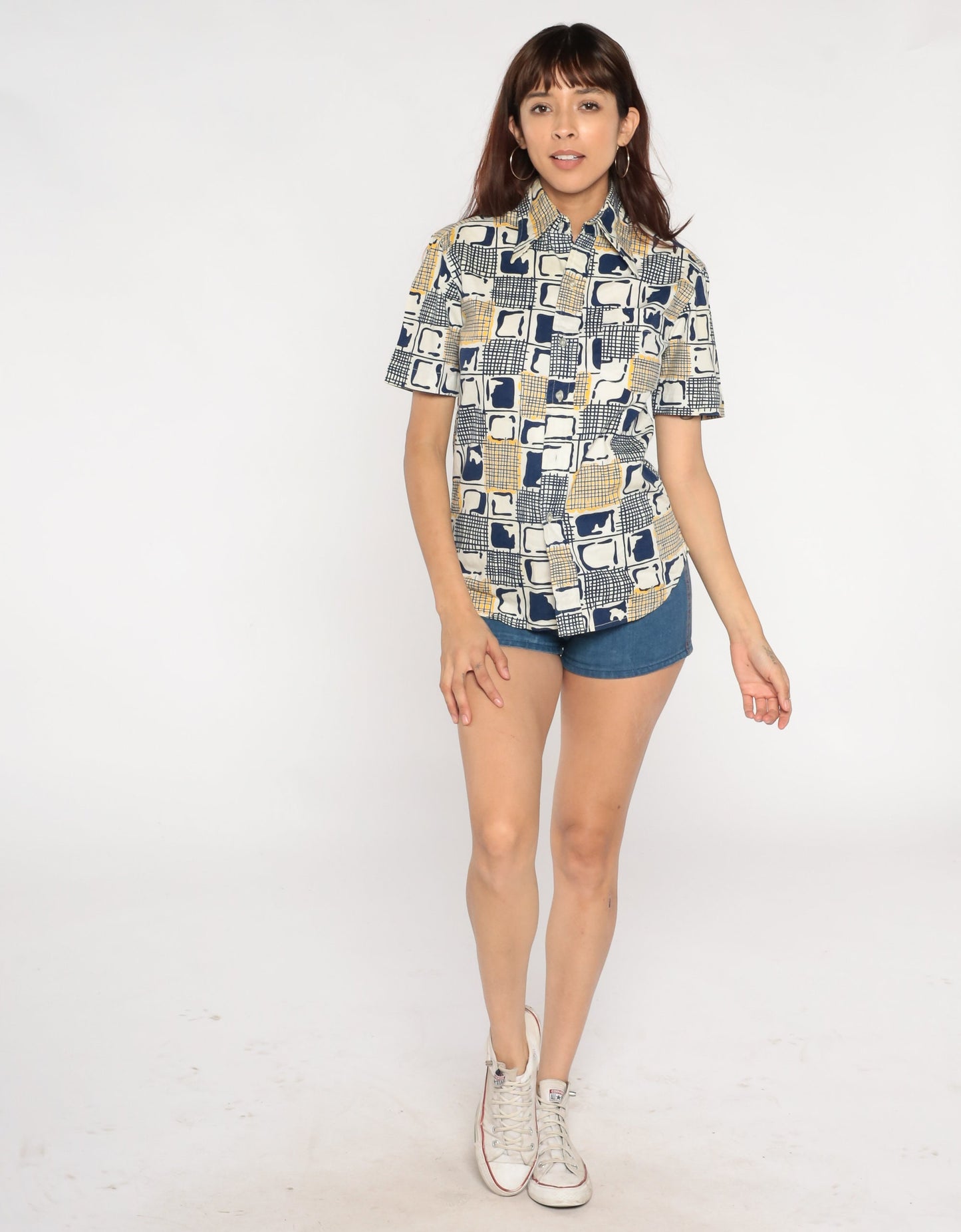 70s Abstract Checkered Button-Up Blouse Pointed Collar Blue White Yellow Small